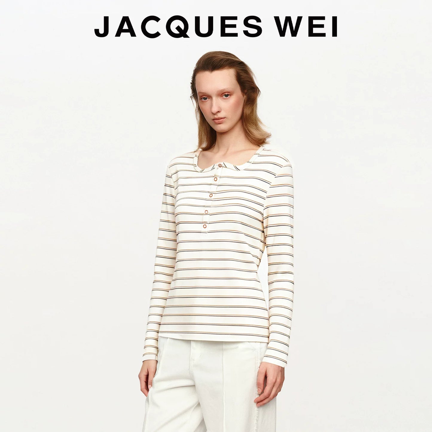 Irregular Wave Neckline White Pinstripe Long Sleeve T-Shirt