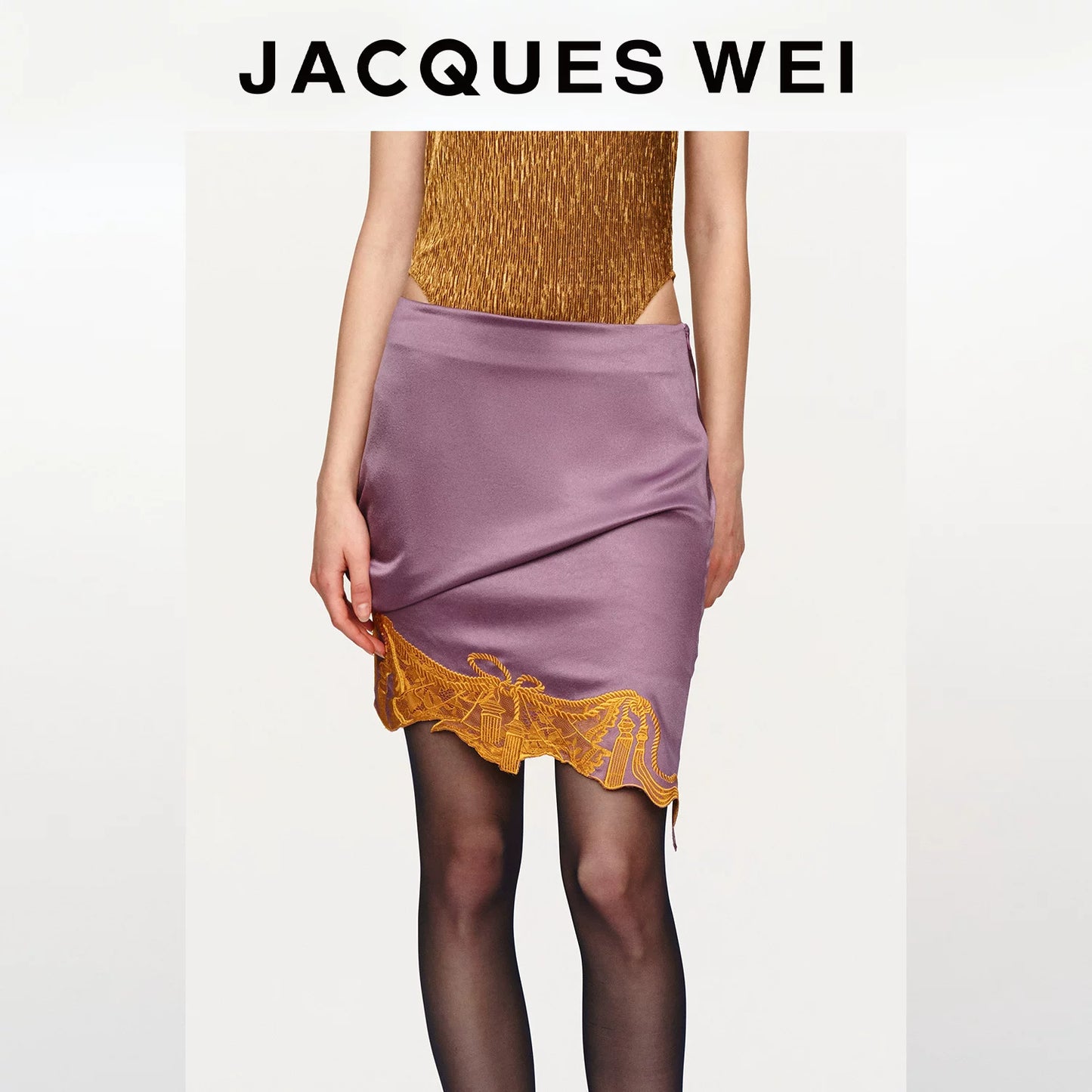 Contrast Lace Embroidered Twist Knot Satin Midi Skirt