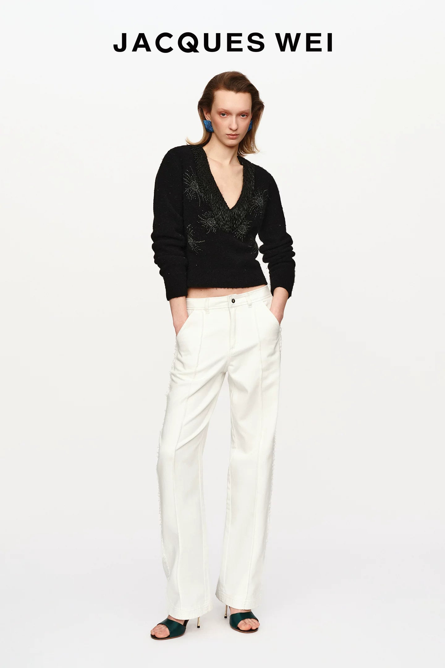 White Frayed-Hem Straight-Leg Trousers