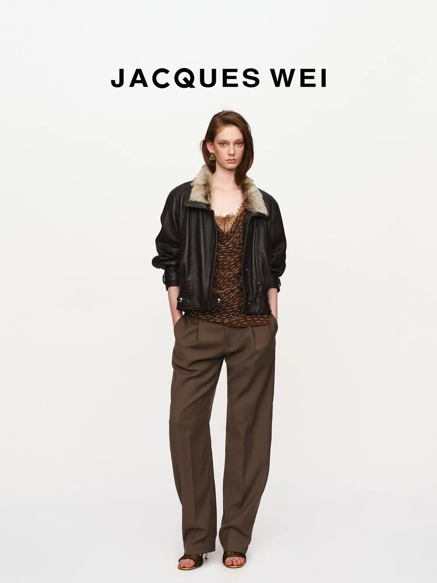Dark Brown Crinkled Leather Collar Jacket