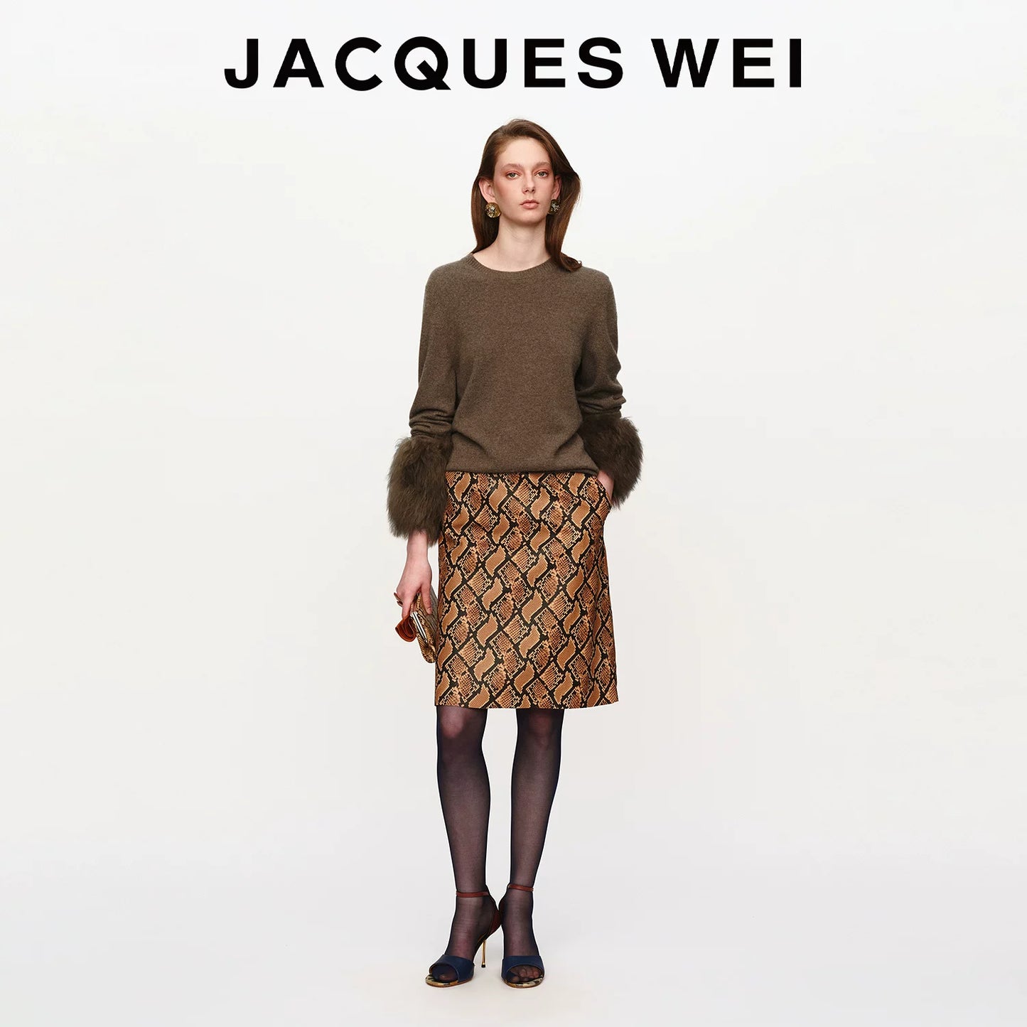 Brown Snake Embossed Leather Midi Skirt