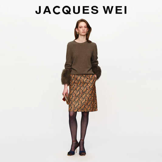 Brown Snake Embossed Leather Midi Skirt