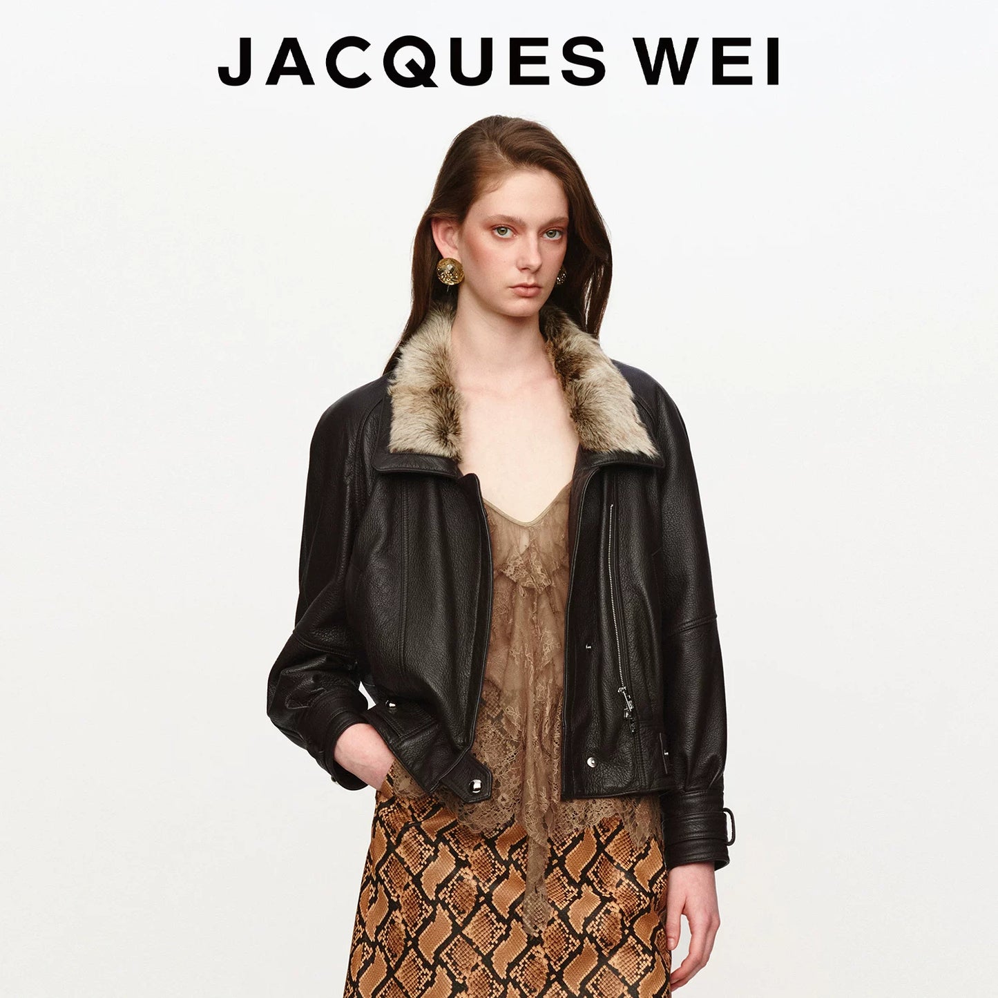Dark Brown Crinkled Leather Collar Jacket