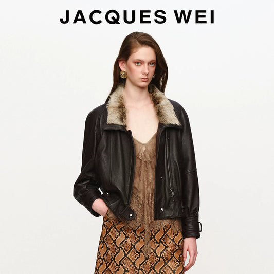 Dark Brown Crinkled Leather Collar Jacket