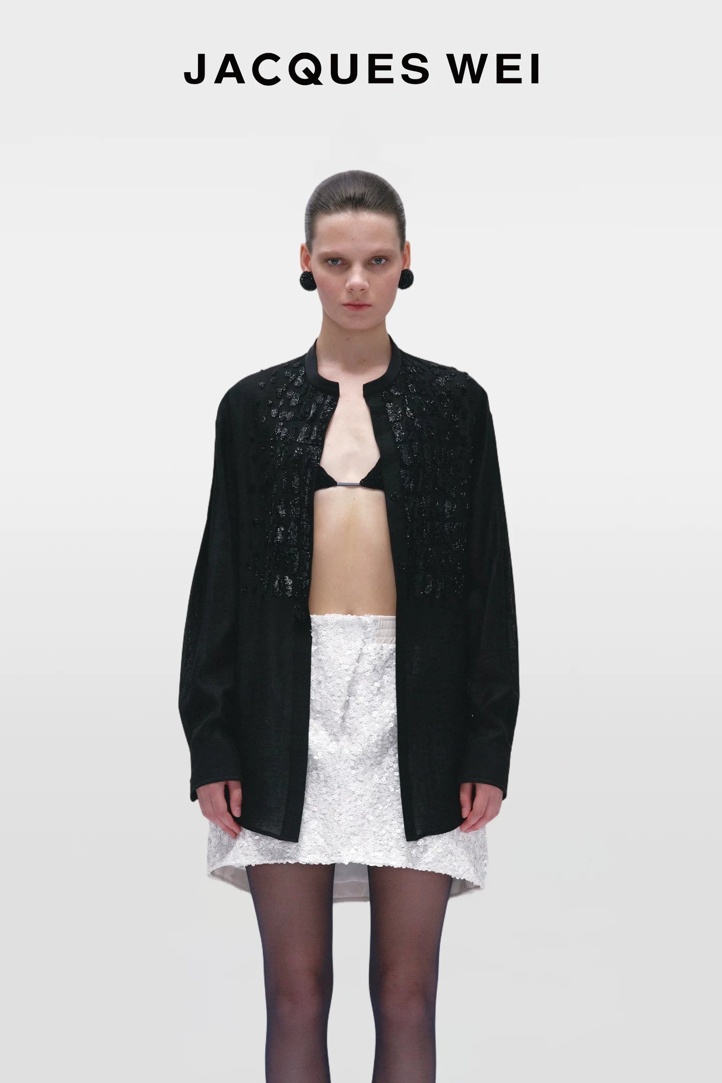 Black Crocodile-Embossed Beaded Collarless Shirt