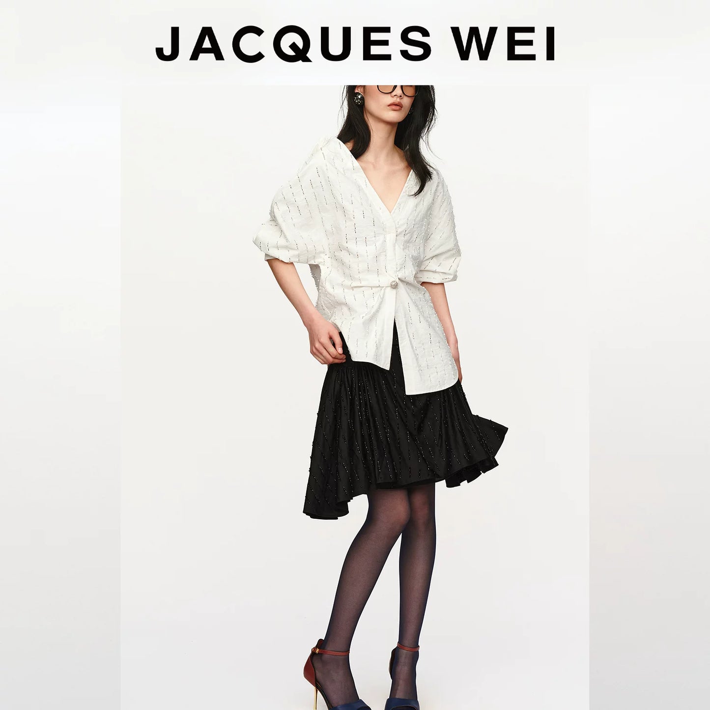 White Beaded Floral-Button Drop-Shoulder Shirt