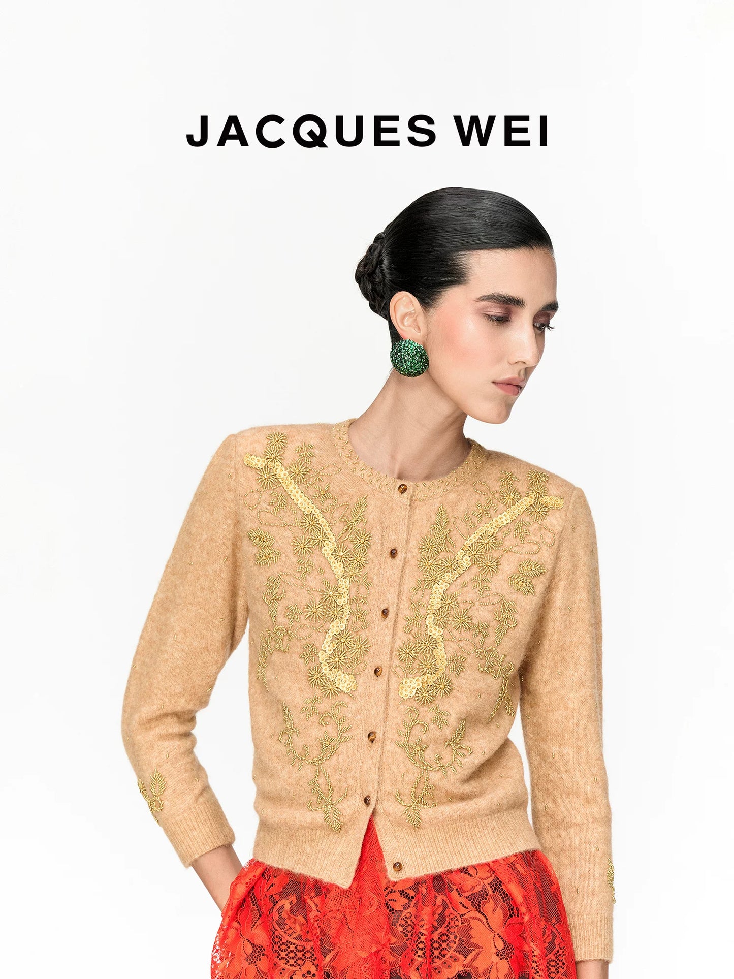 Handcrafted Floral Beaded Wool Cardigan in Light Camel