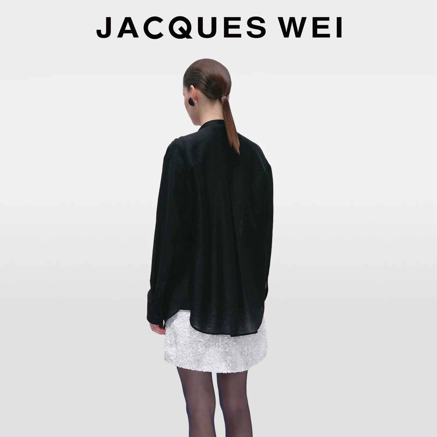 Black Crocodile-Embossed Beaded Collarless Shirt