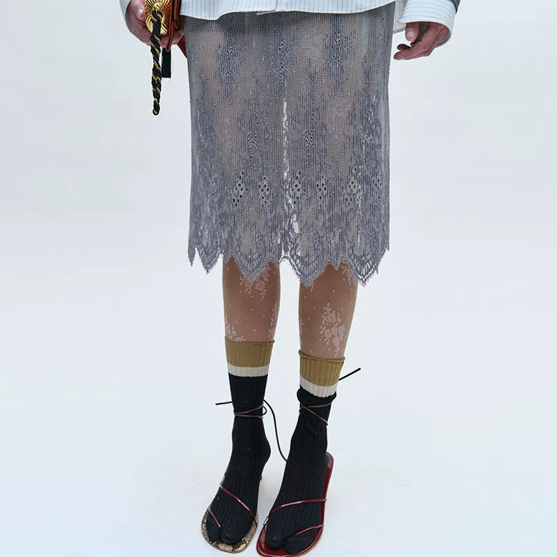 Grey Draped Pleated Midi Skirt