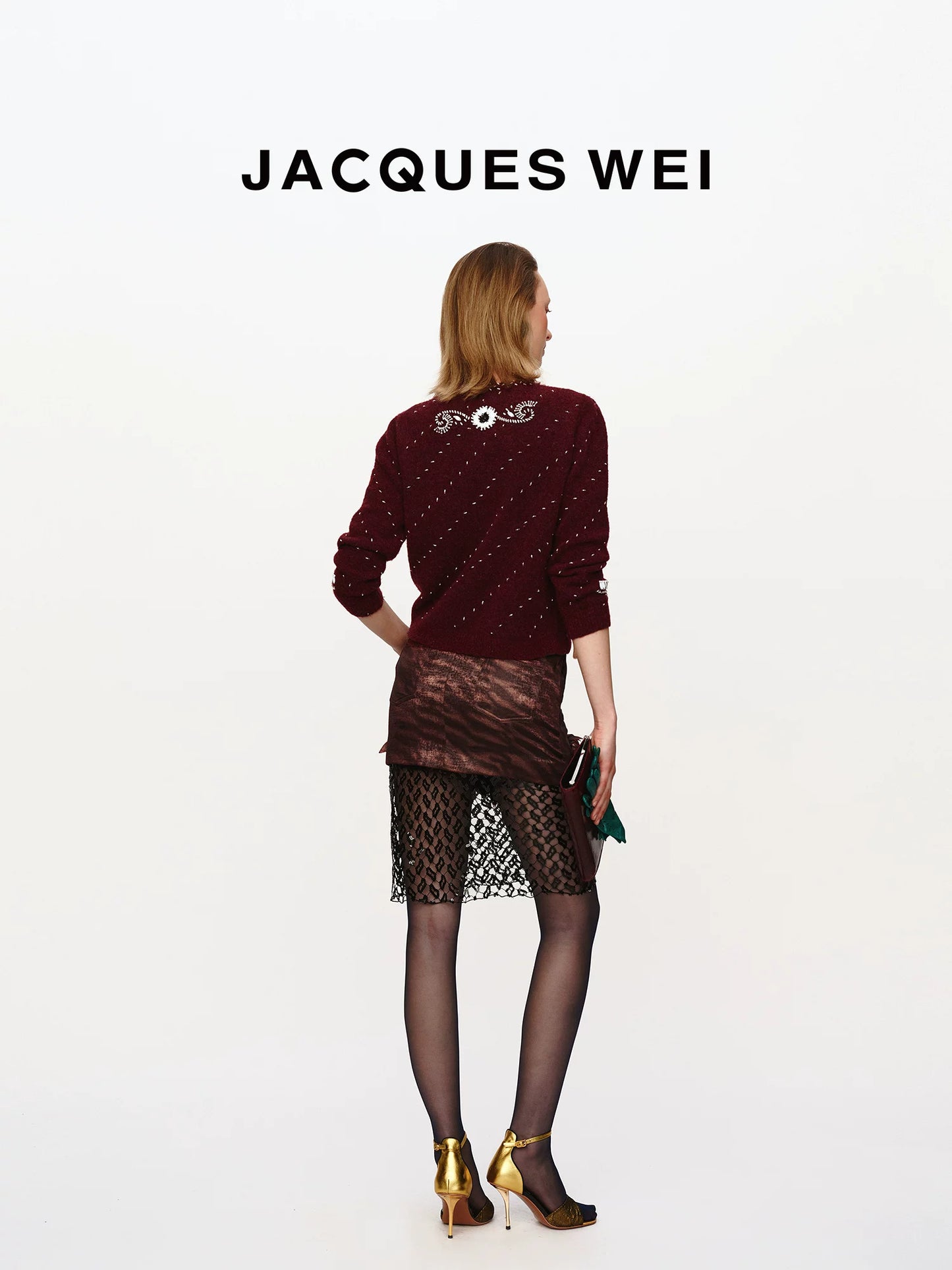 Burgundy Floral Lace-Trim Sheer Sequin Skirt