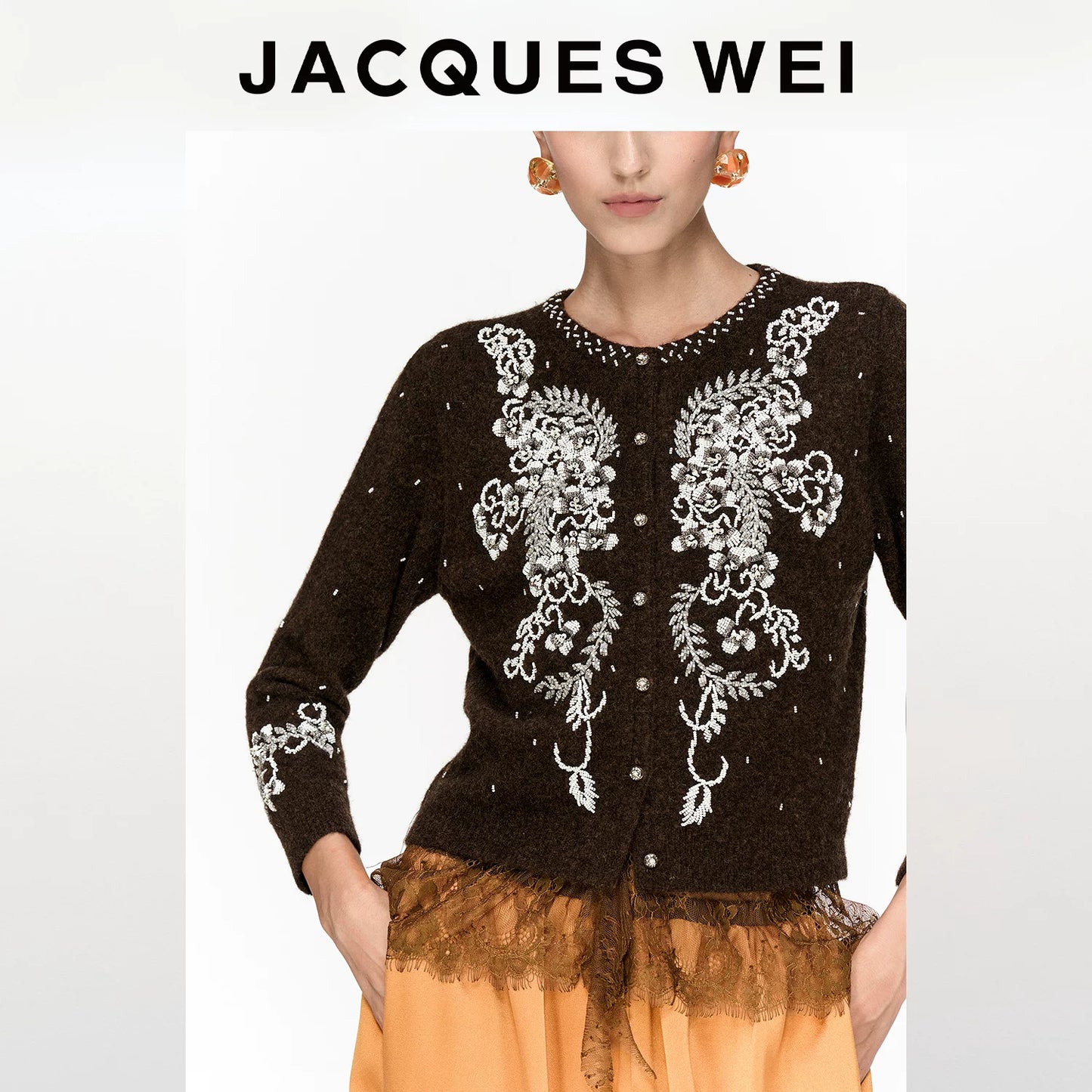 Deep Brown Floral Beaded Wool Cardigan
