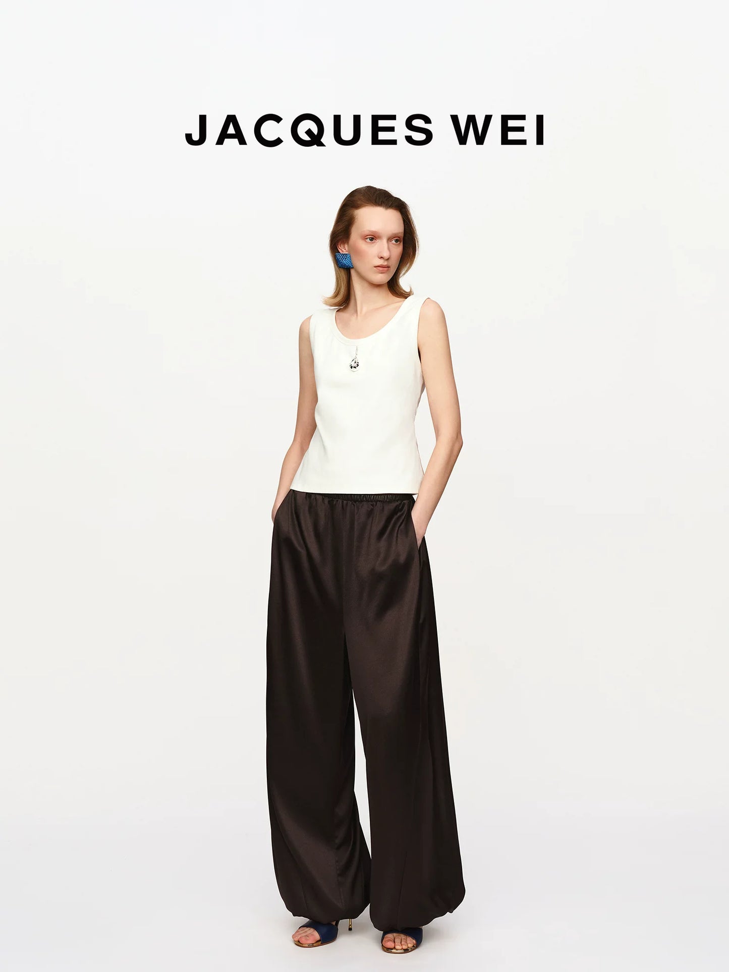 Leather Panel Drawstring Silk Trousers