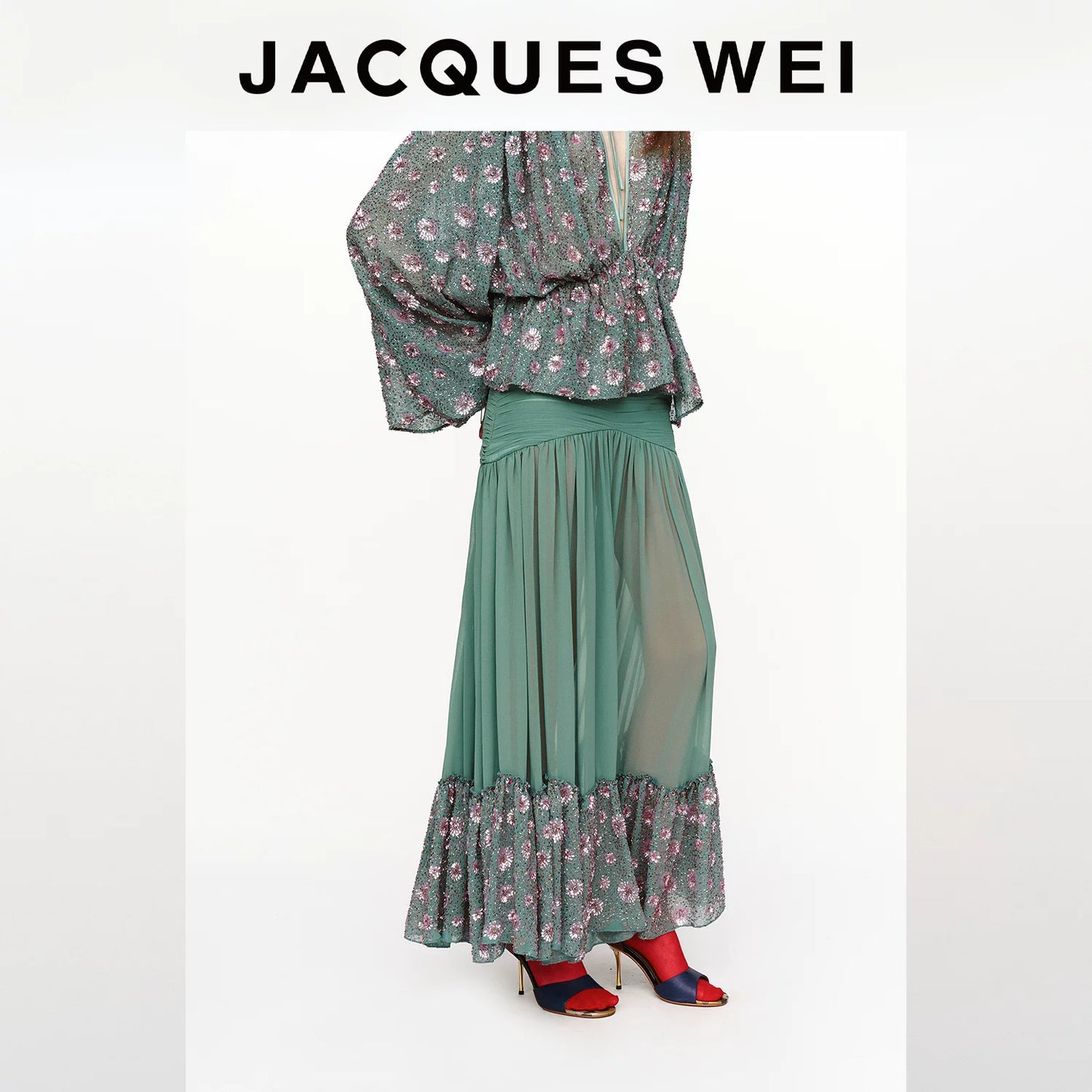 Aqua Green Sequin-Embroidered Pleated Maxi Skirt
