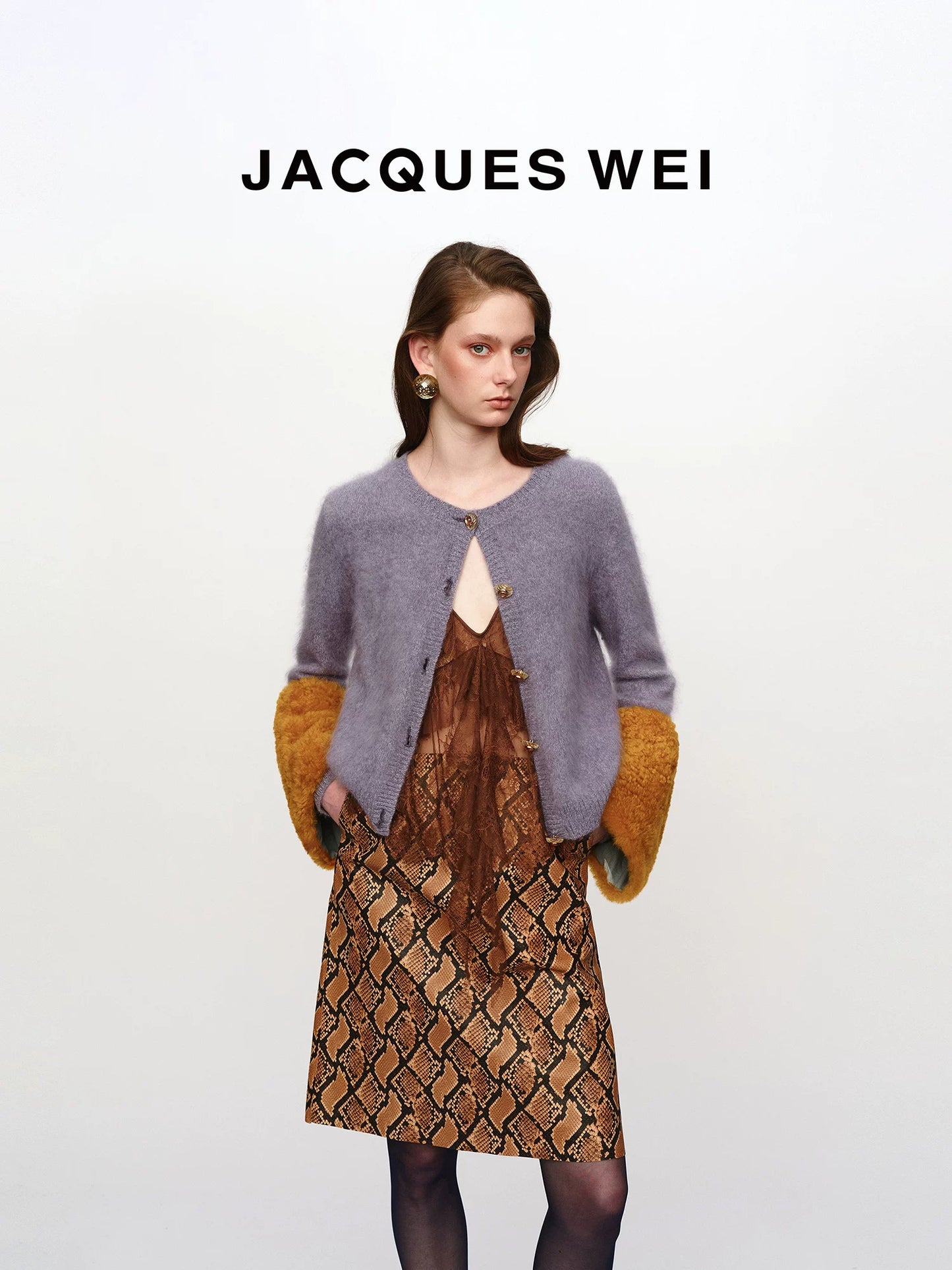 Purple Merino Wool Cardigan with Detachable Lambskin Sleeves