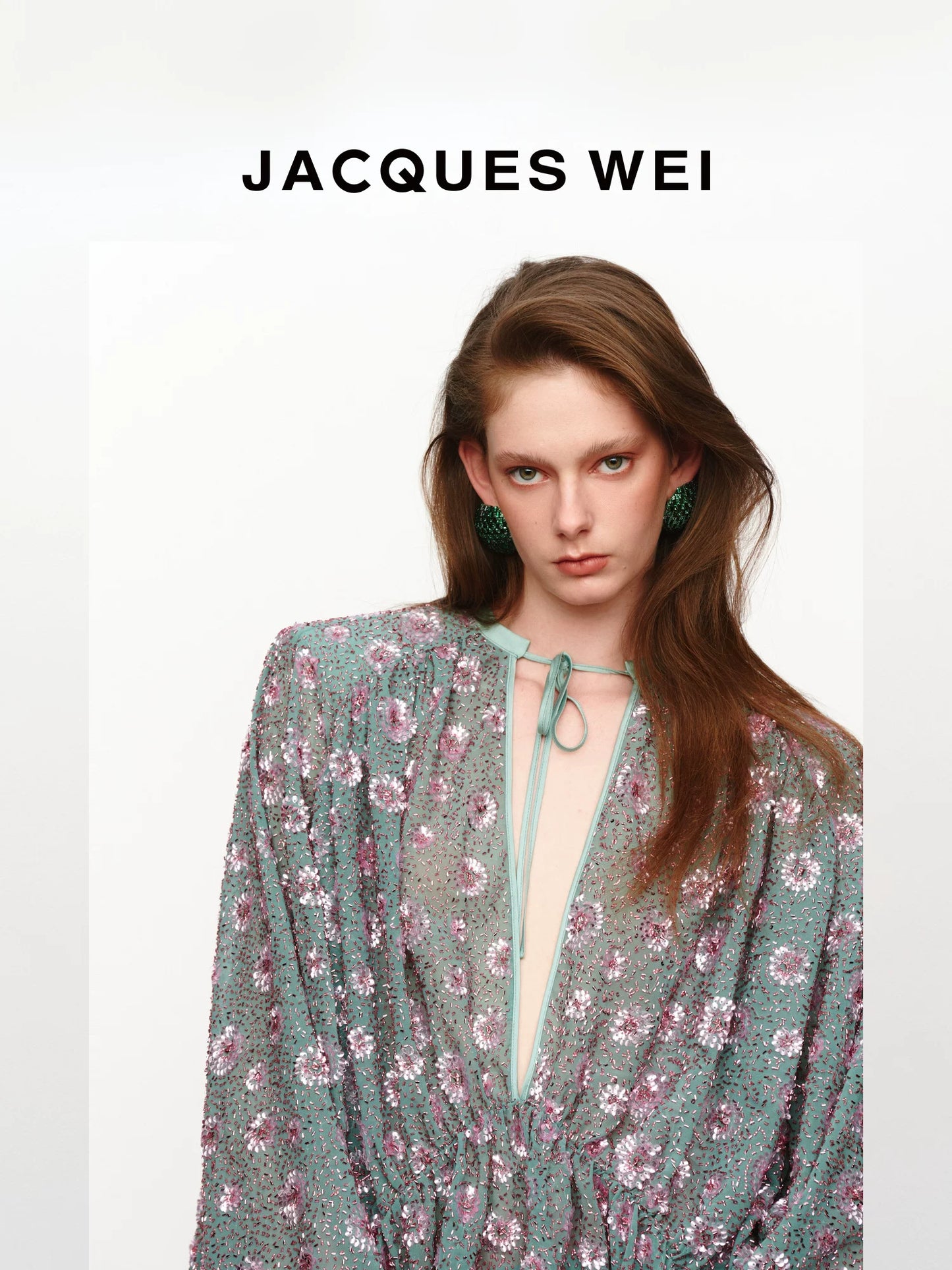 Aqua Green Sequin-Embroidered V-Neck Belted Shirt