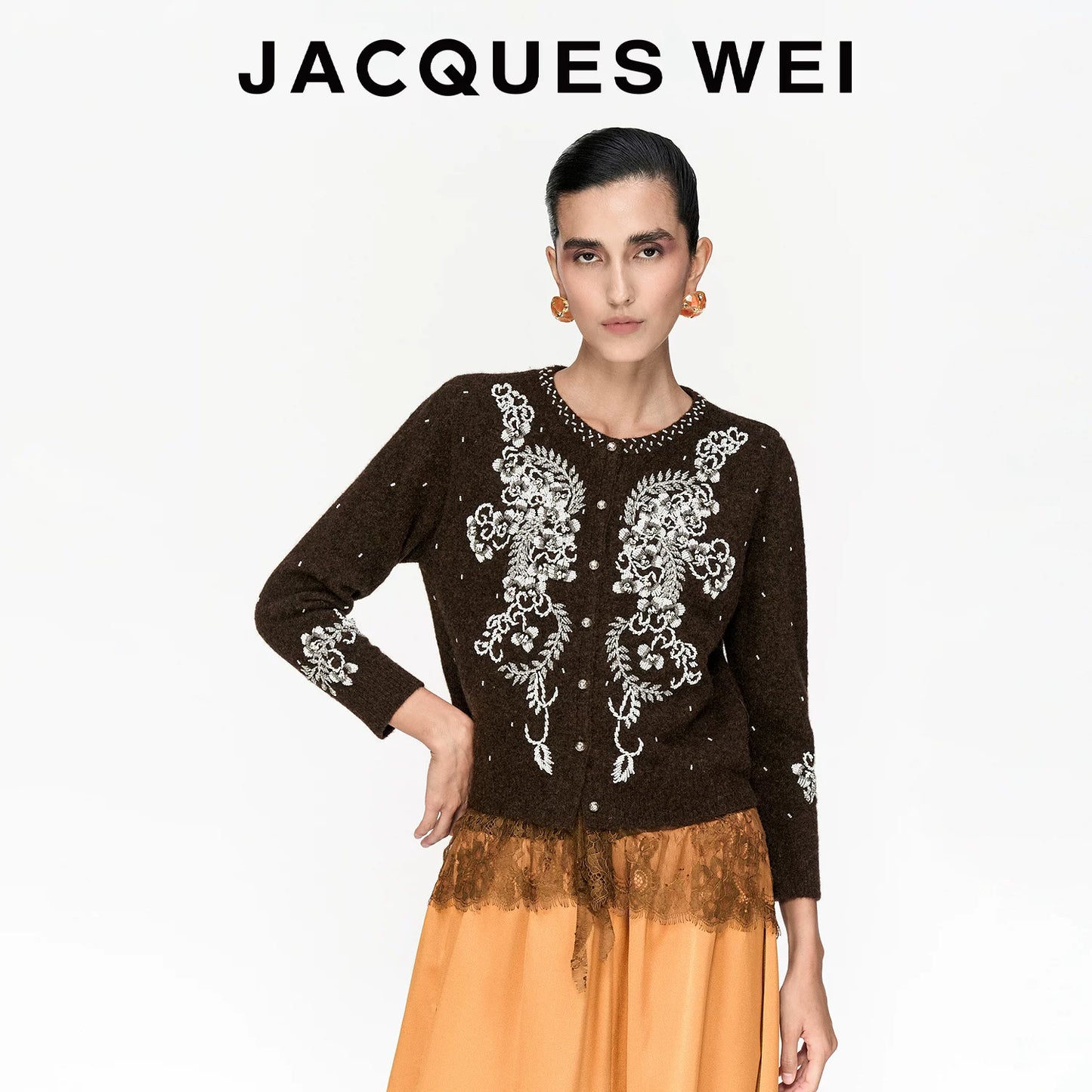Deep Brown Floral Beaded Wool Cardigan