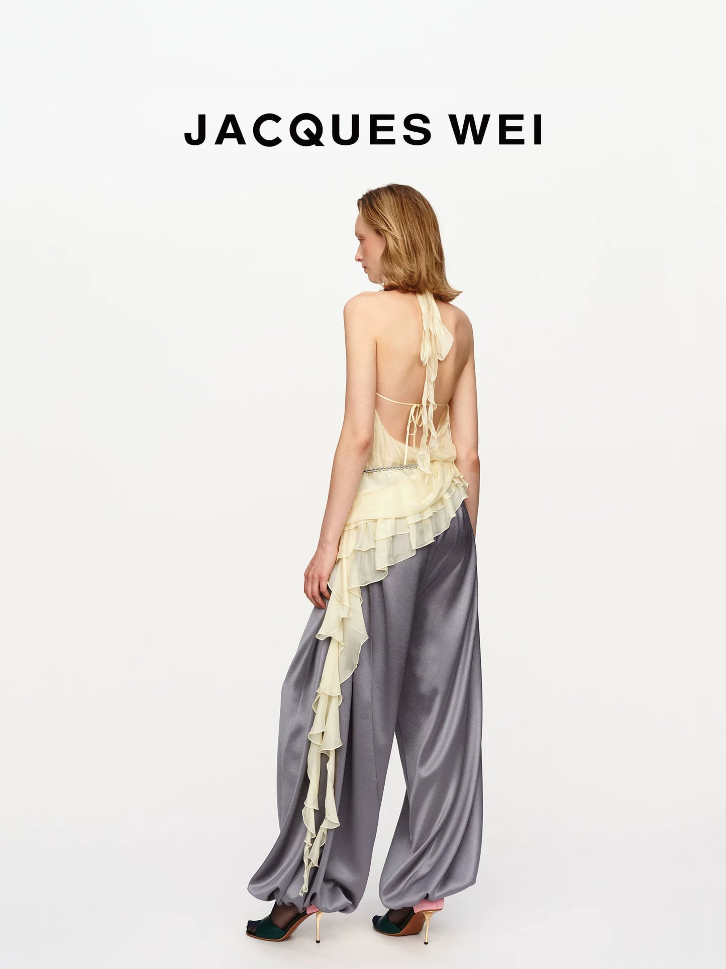 Leather Panel Drawstring Silk Trousers
