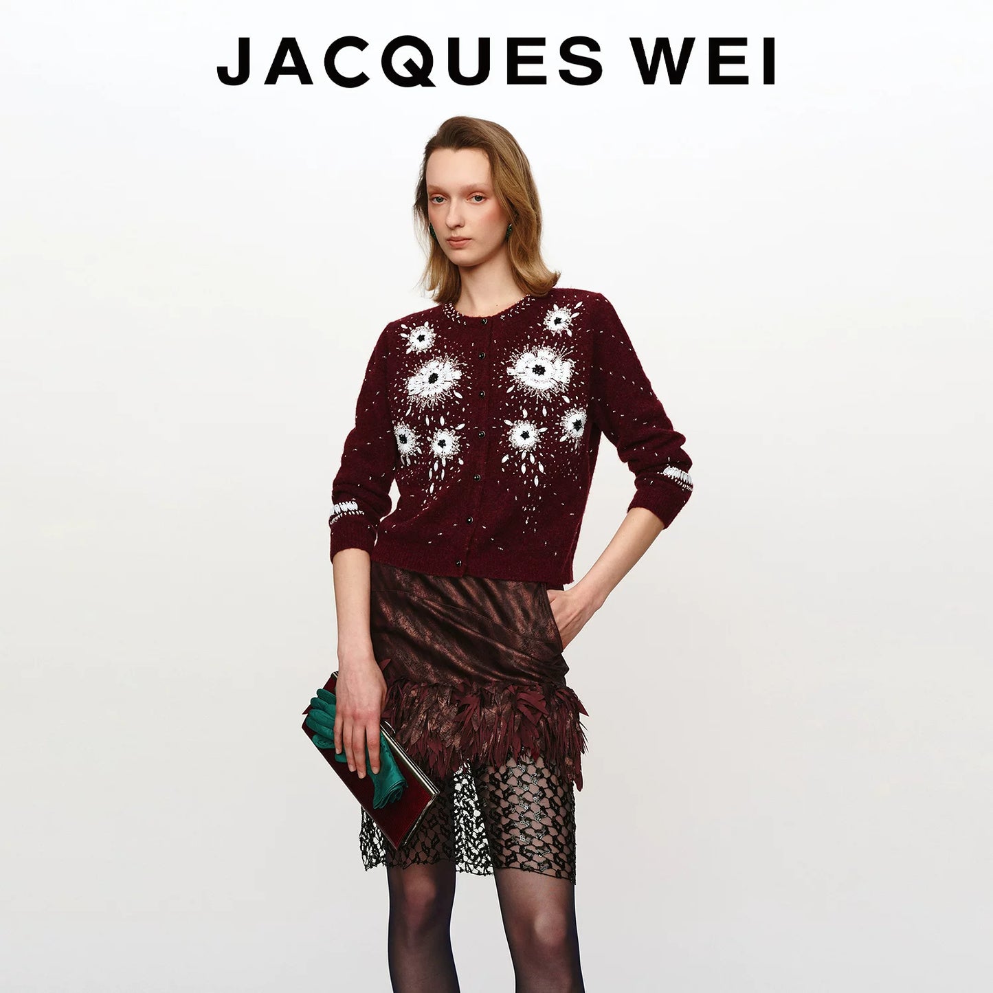 Burgundy Floral Lace-Trim Sheer Sequin Skirt