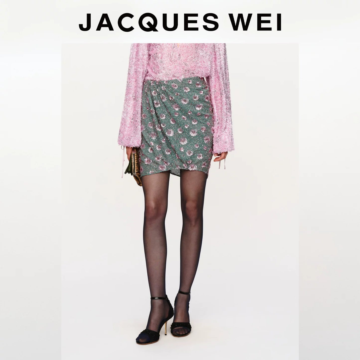 Aqua Green Sequin-Embroidered Pleated Skirt