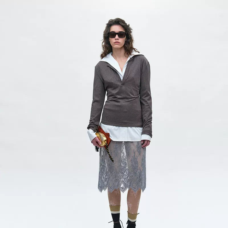 Grey Draped Pleated Midi Skirt