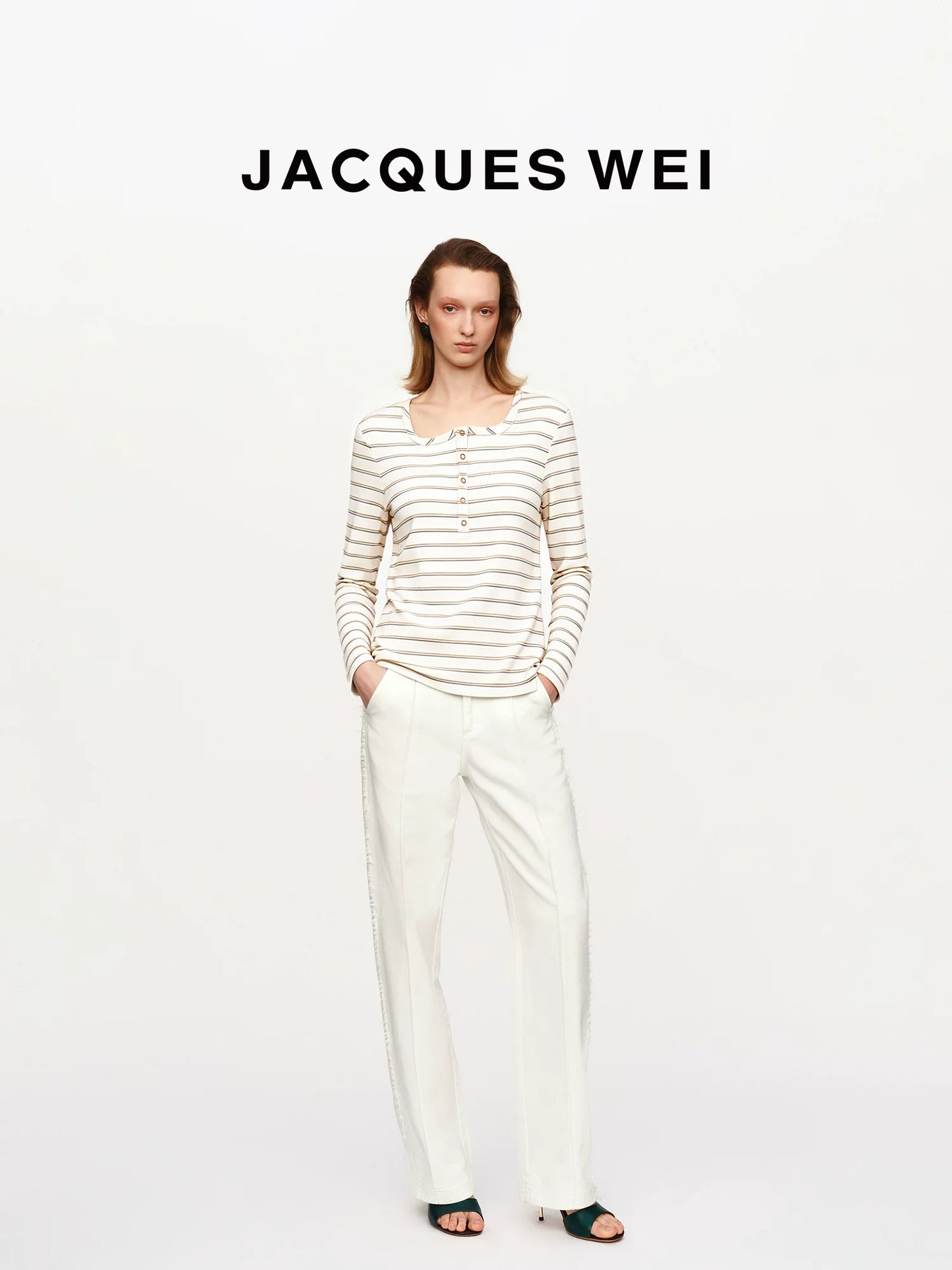 Irregular Wave Neckline White Pinstripe Long Sleeve T-Shirt