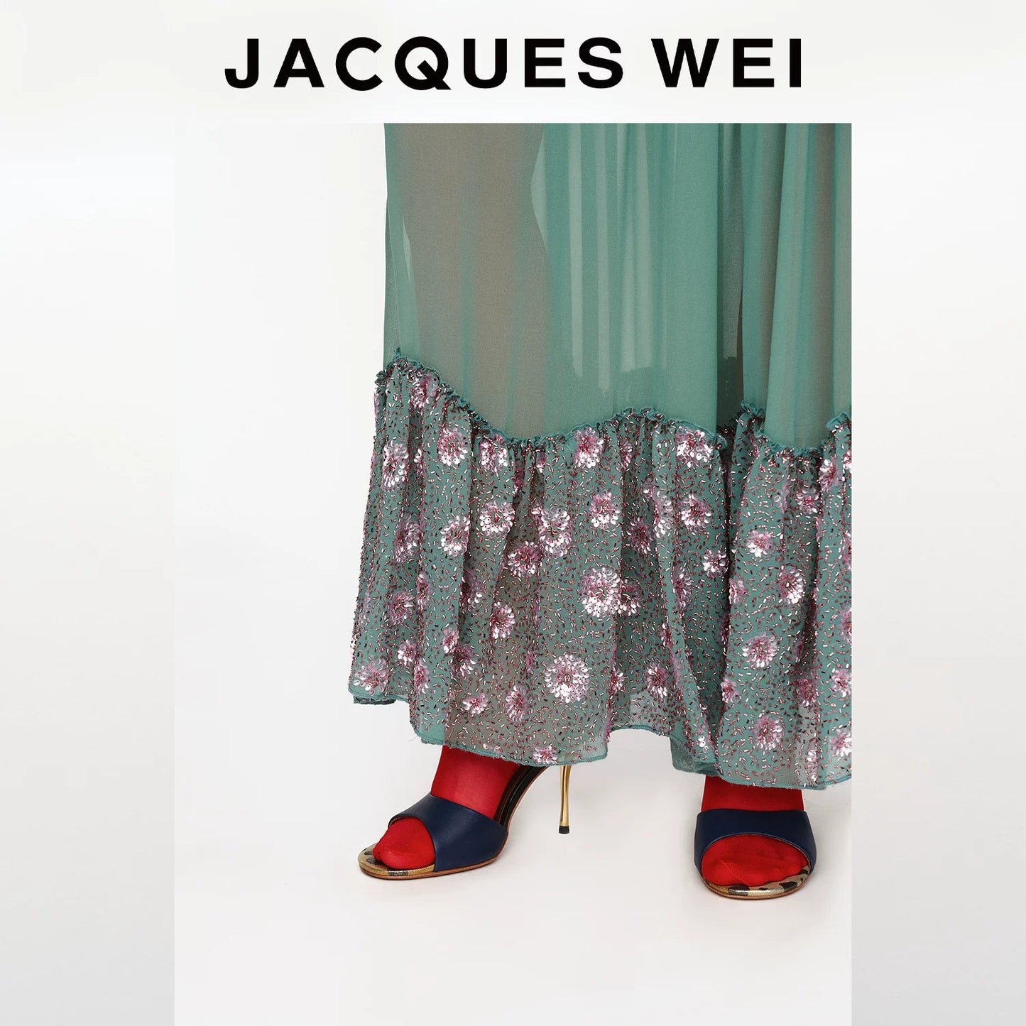 Aqua Green Sequin-Embroidered Pleated Maxi Skirt
