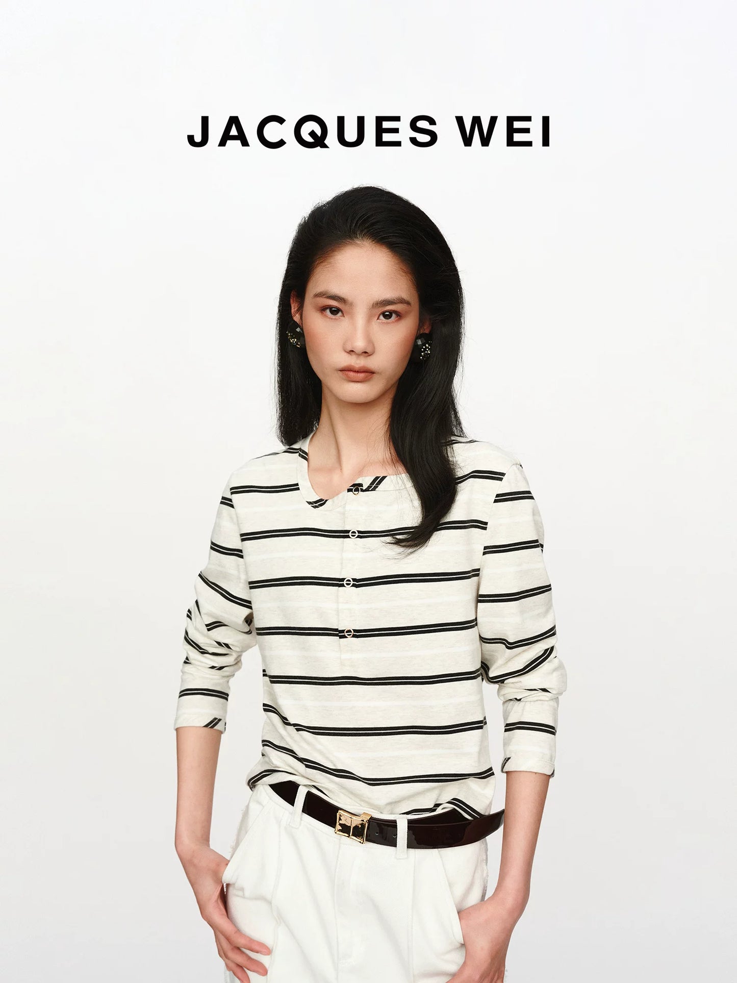 Irregular Wave Neckline White Pinstripe Long Sleeve T-Shirt
