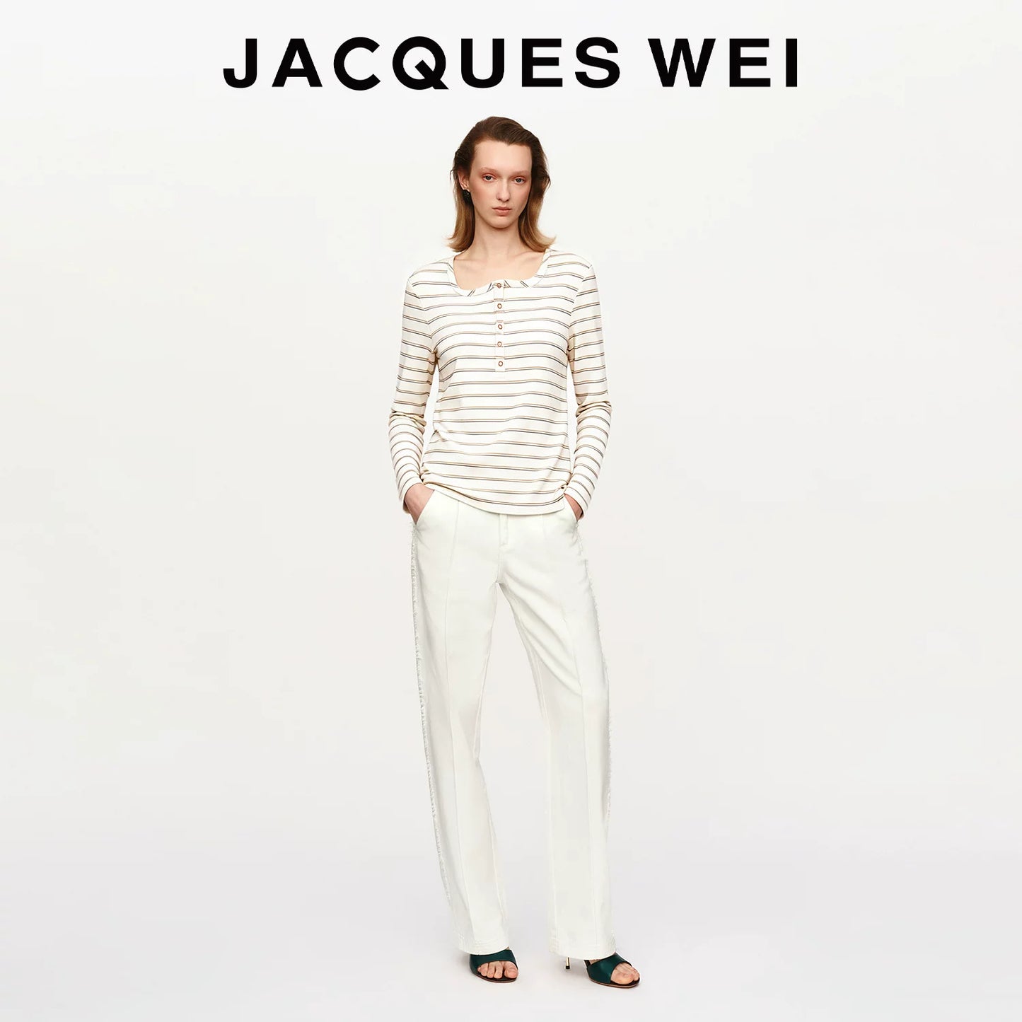 Irregular Wave Neckline White Pinstripe Long Sleeve T-Shirt