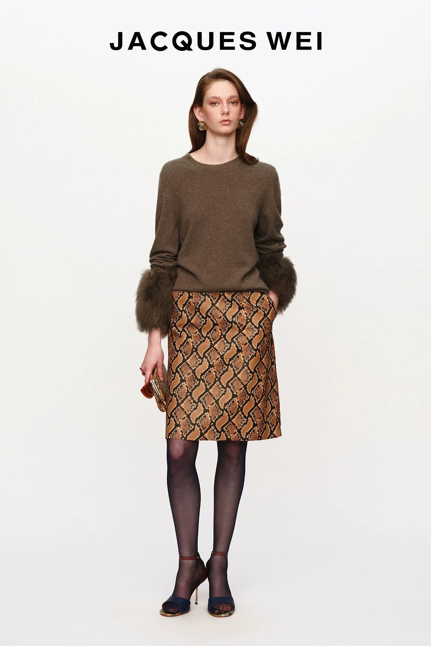 Brown Snake Embossed Leather Midi Skirt