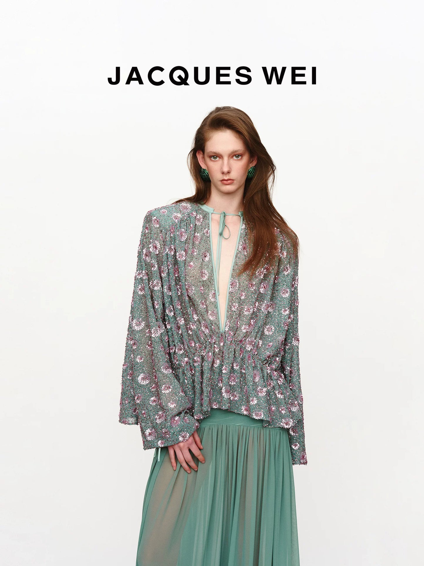 Aqua Green Sequin-Embroidered V-Neck Belted Shirt
