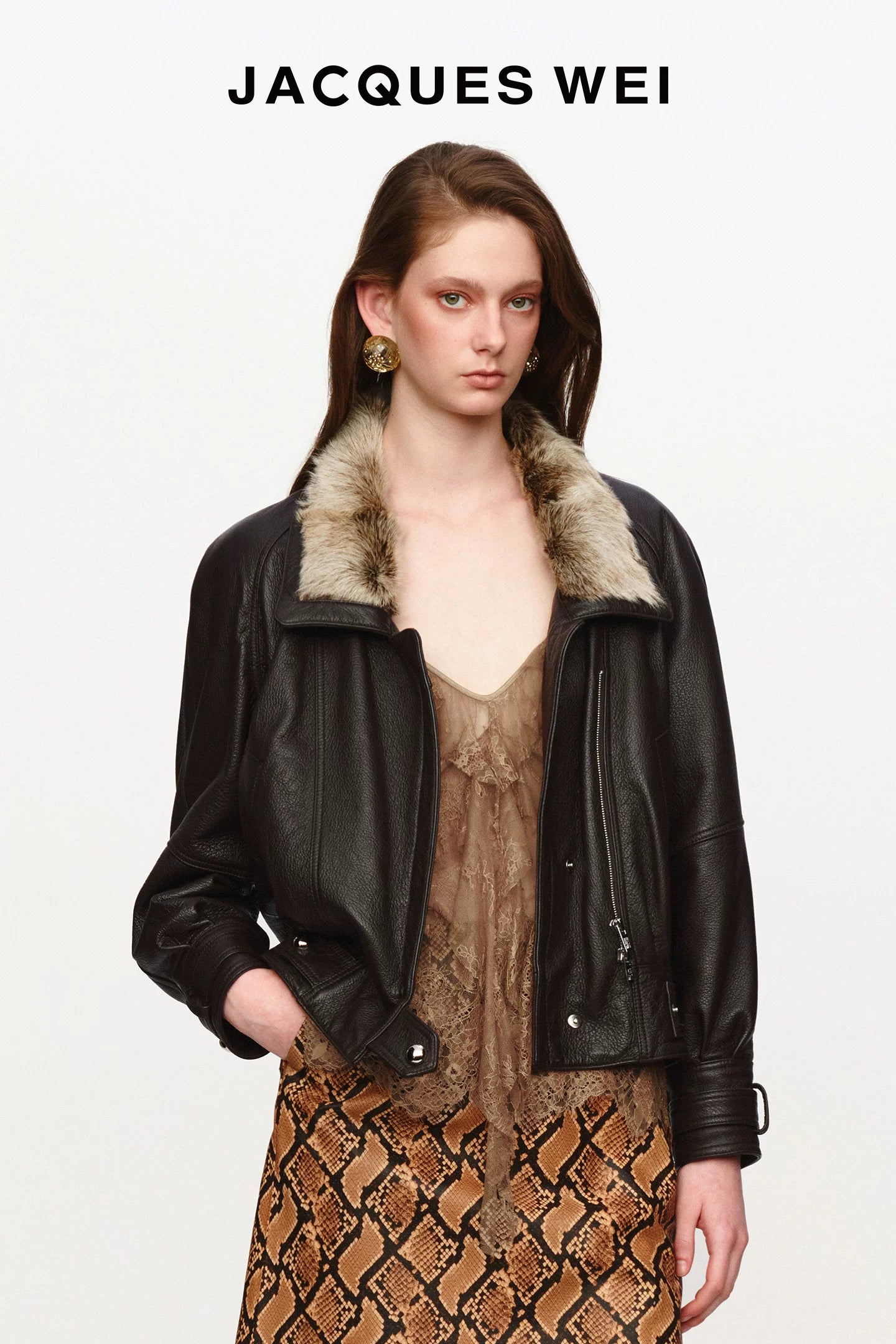 Dark Brown Crinkled Leather Collar Jacket