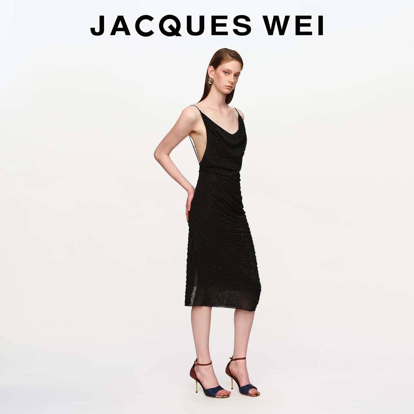 Black Beaded Draped Halter Dress