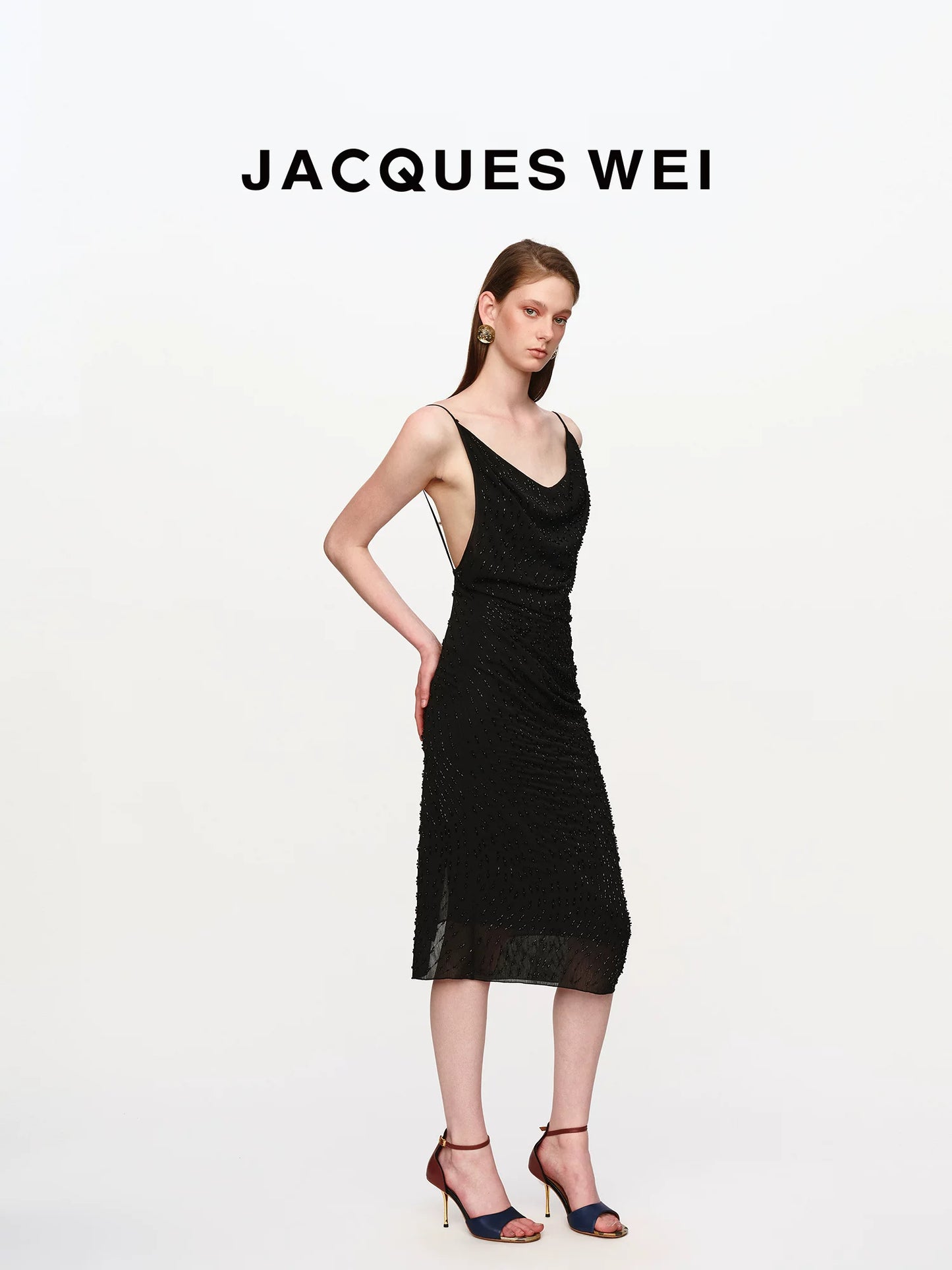 Black Beaded Draped Halter Dress