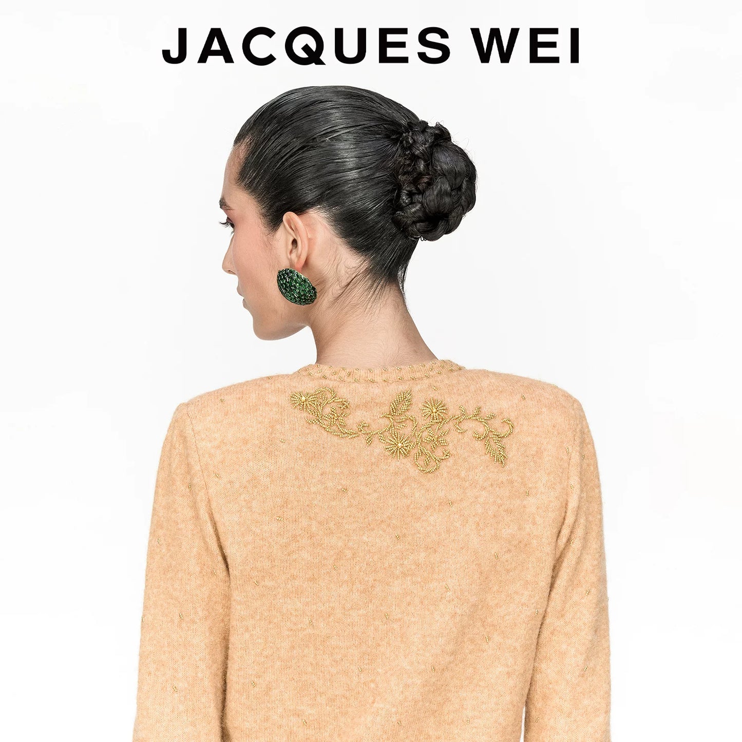 Handcrafted Floral Beaded Wool Cardigan in Light Camel