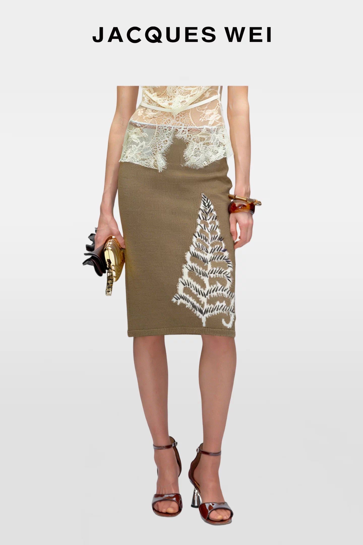 Dark Gold Floral Pointelle Knit Midi Skirt