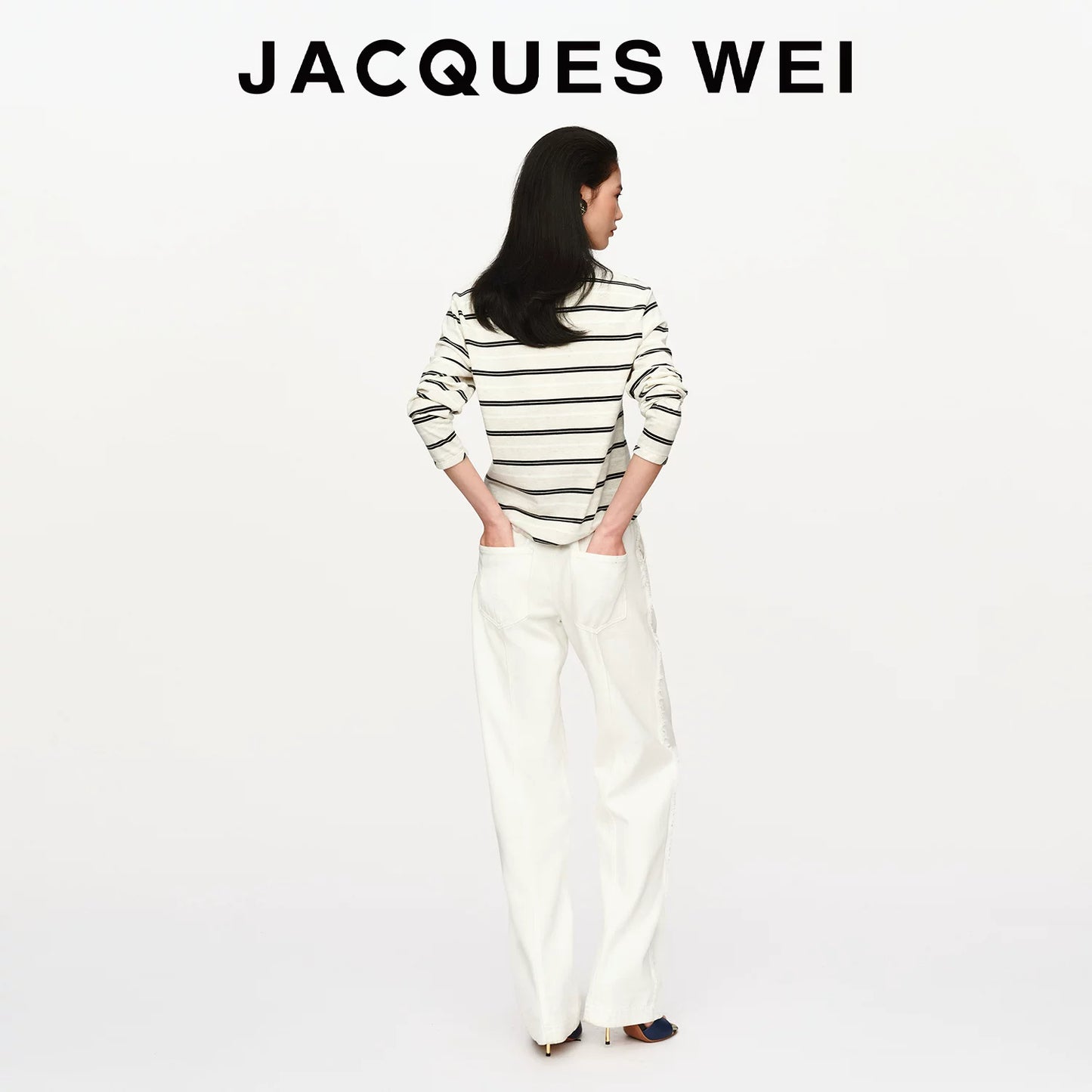 Irregular Wave Neckline White Pinstripe Long Sleeve T-Shirt