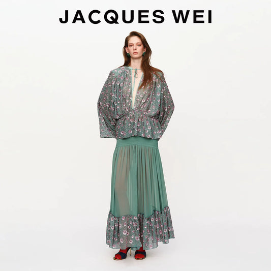 Aqua Green Sequin-Embroidered Pleated Maxi Skirt