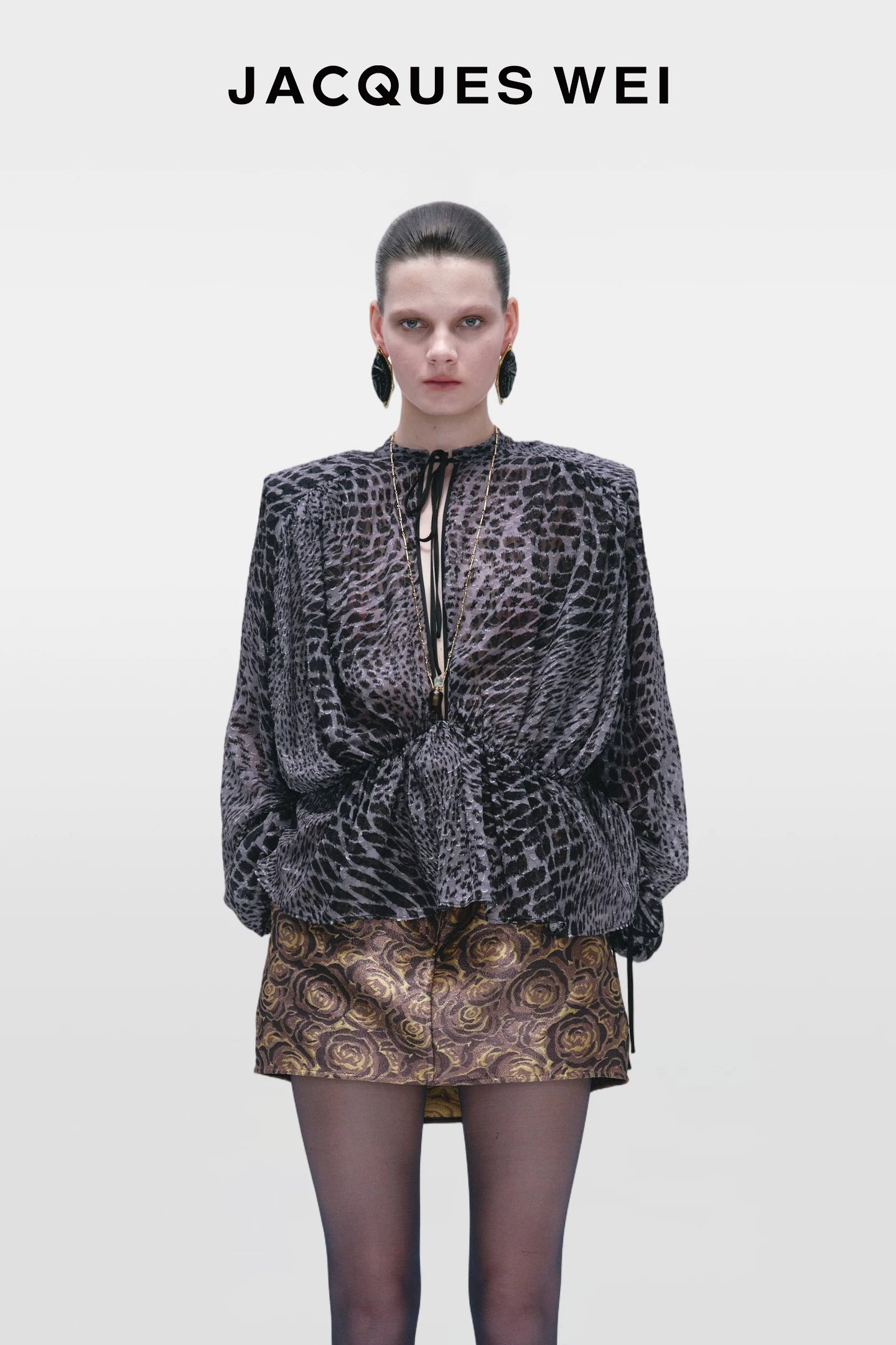 Dark Grey Fish Scale Print Silk Blouse