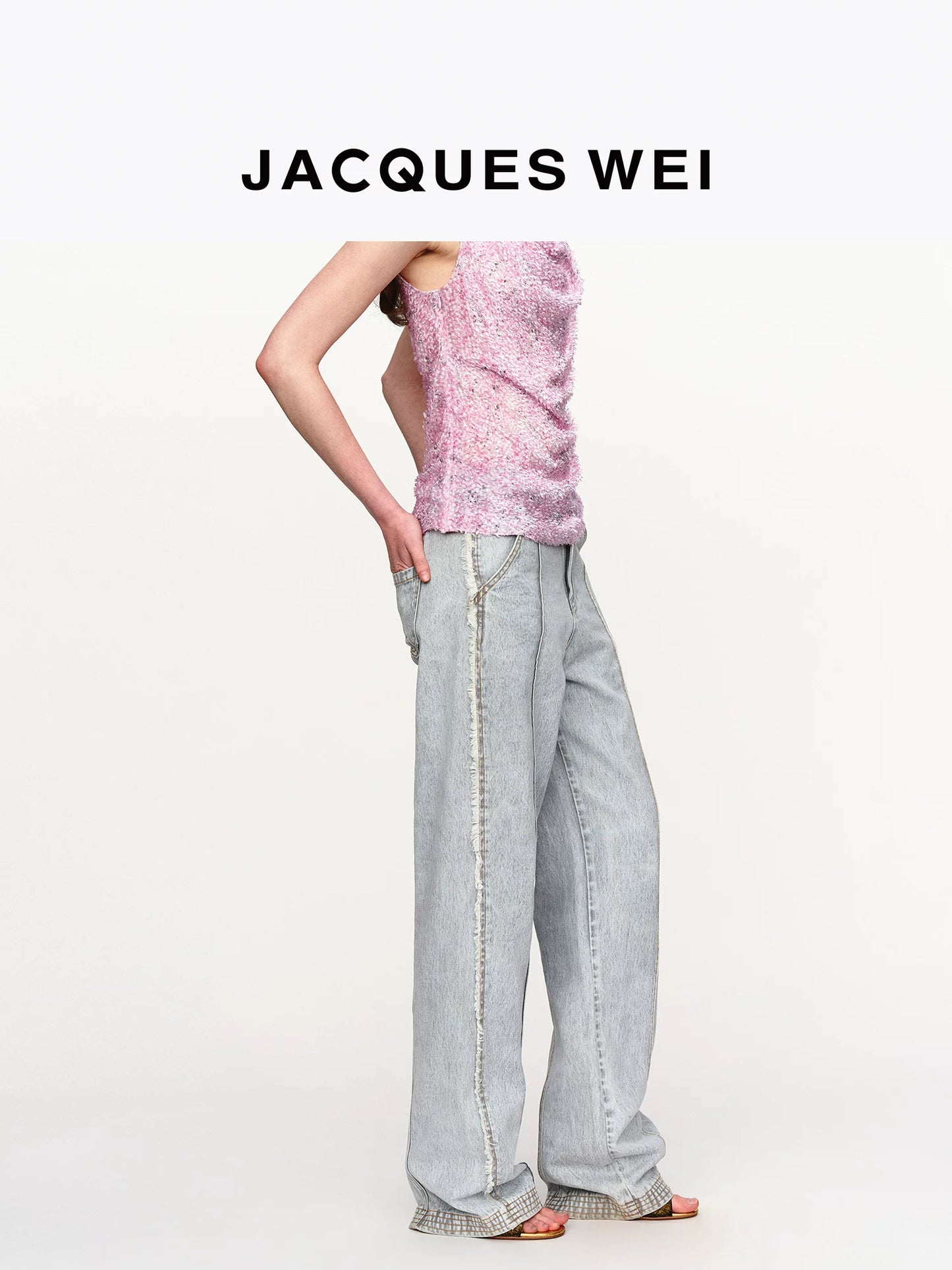 Light Gray Frayed Straight-Leg Jeans