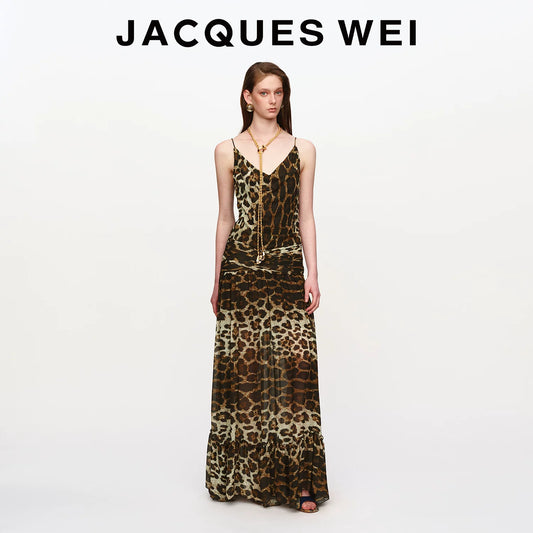 Leopard Print Ruched-Waist Sheer Suspender Dress