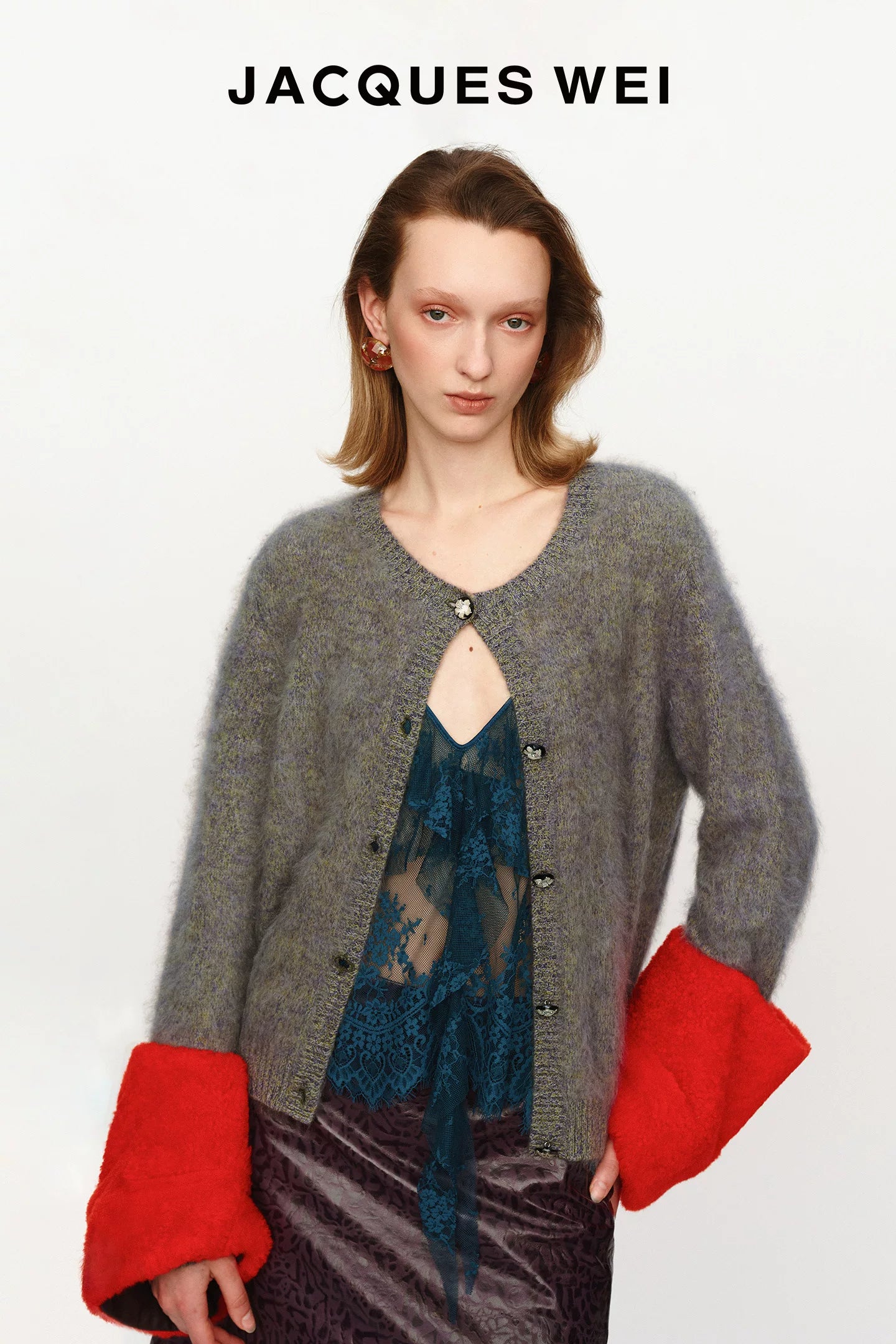 Merino Wool Knit Cardigan with Detachable Leather Sleeves