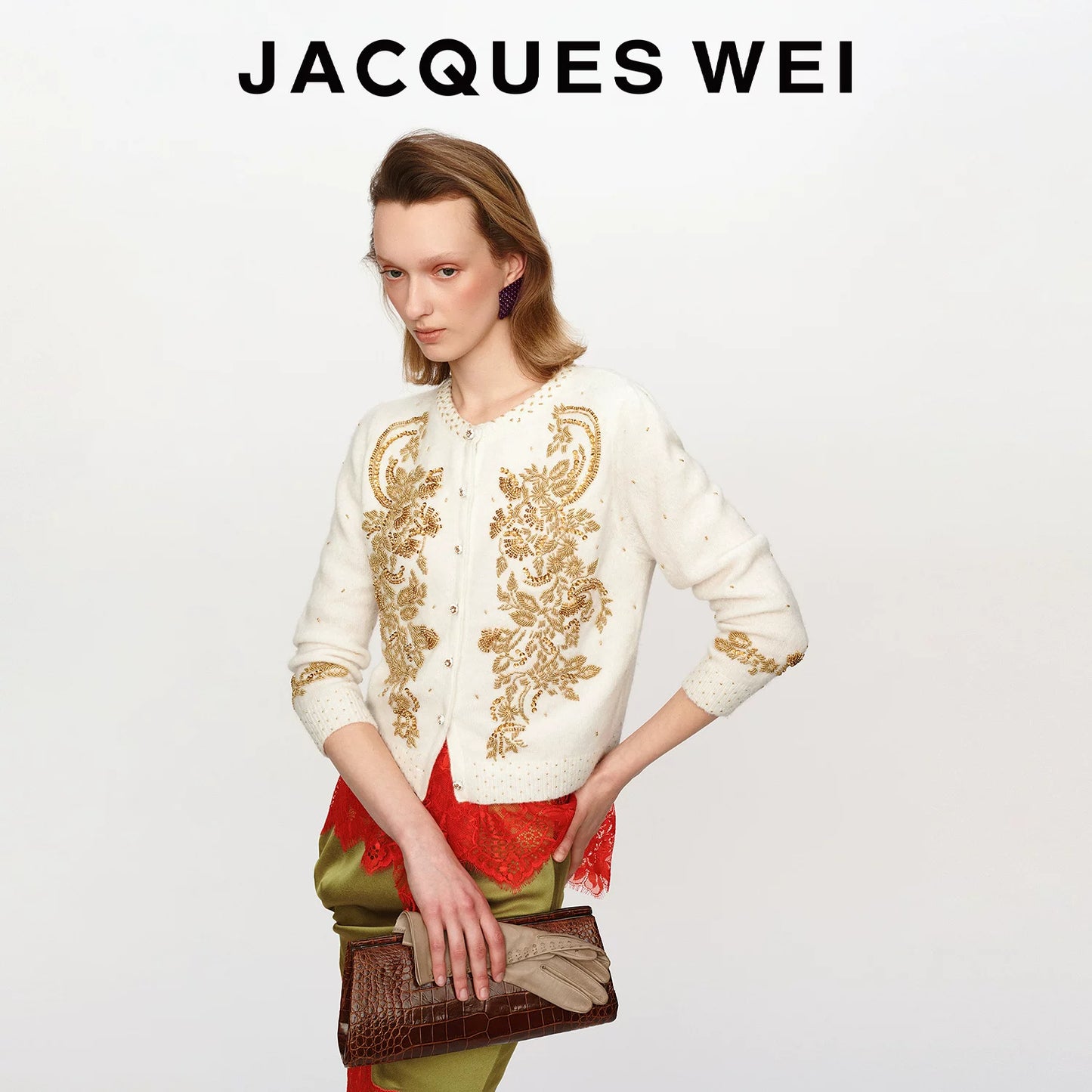 White Platinum Floral Beaded Wool Cardigan
