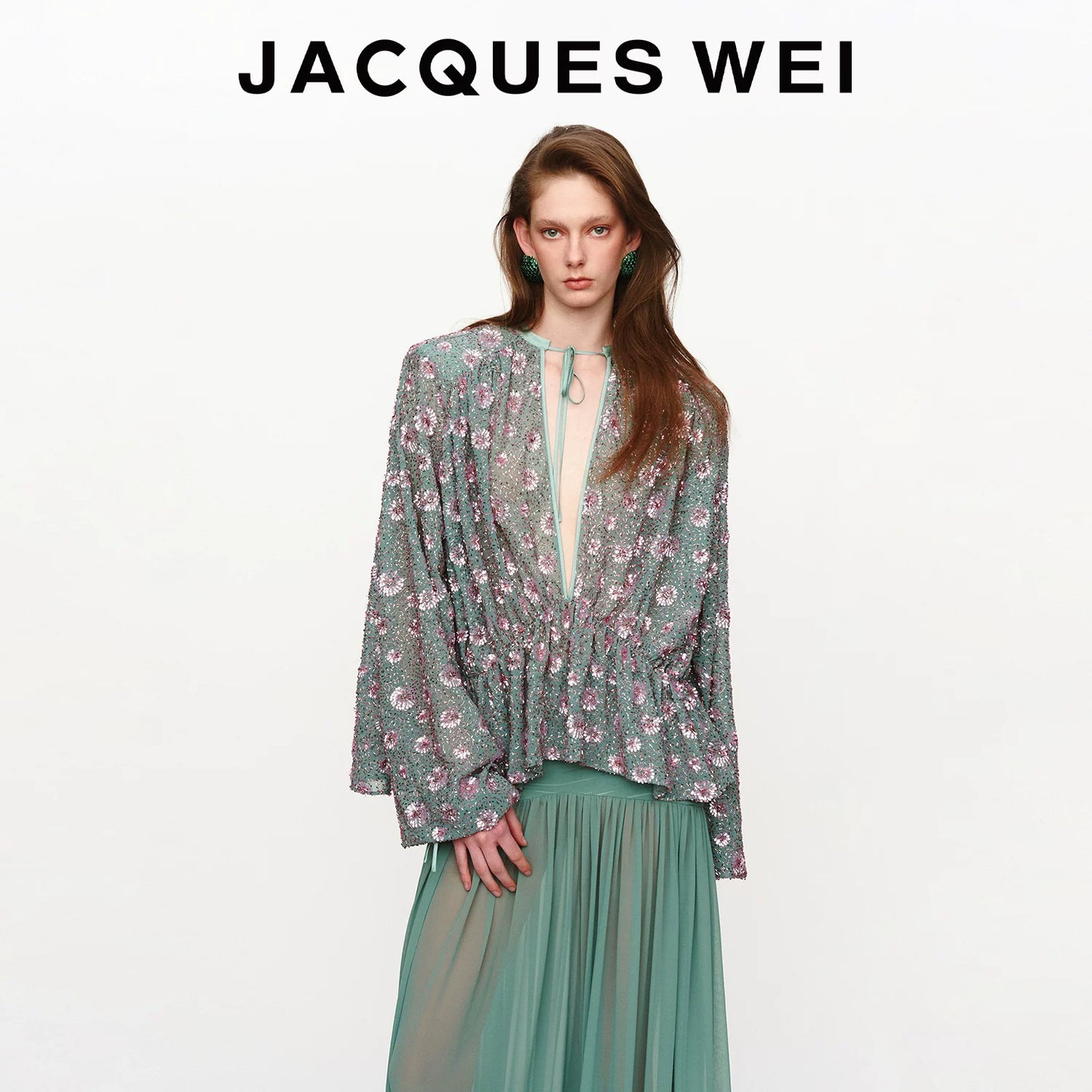 Aqua Green Sequin-Embroidered V-Neck Belted Shirt