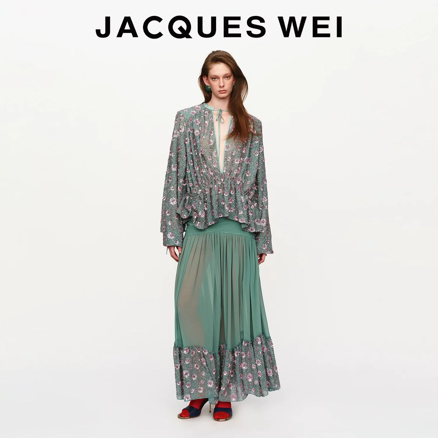 Aqua Green Sequin-Embroidered Pleated Maxi Skirt