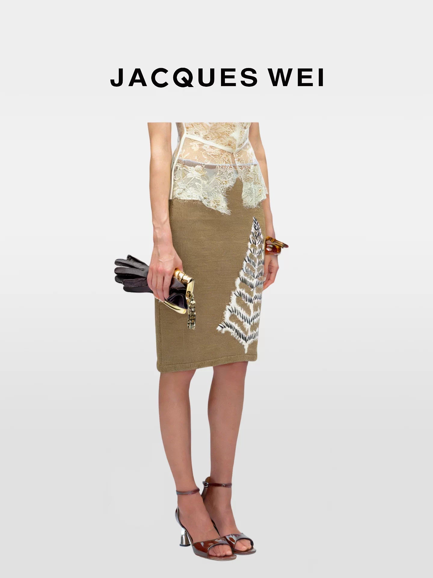 Dark Gold Floral Pointelle Knit Midi Skirt