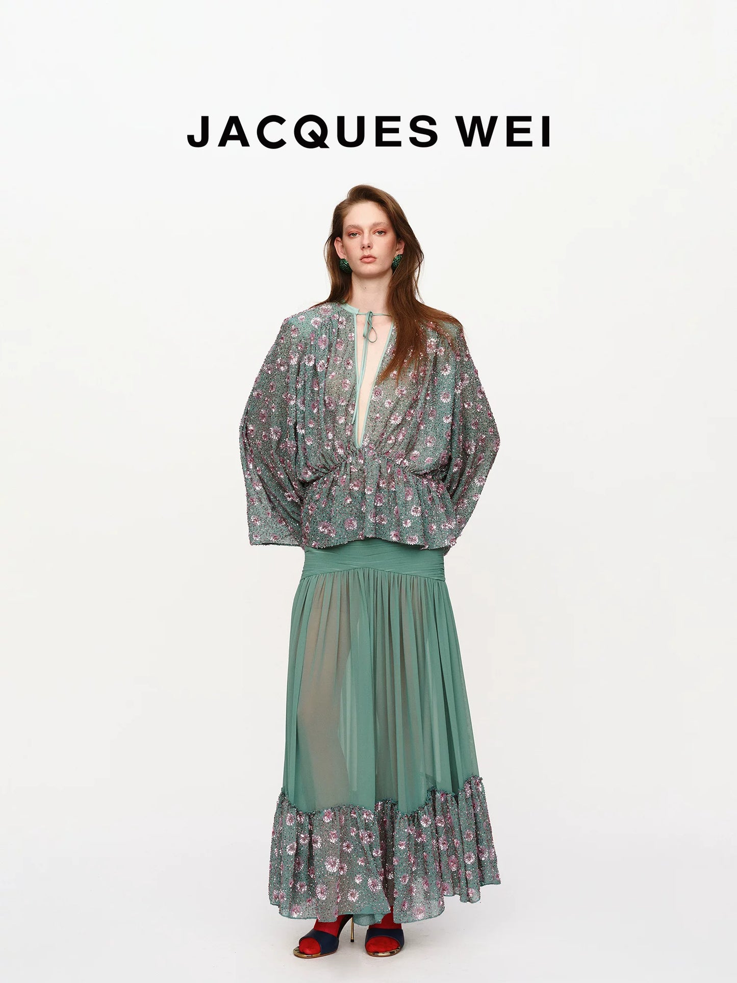 Aqua Green Sequin-Embroidered Pleated Maxi Skirt
