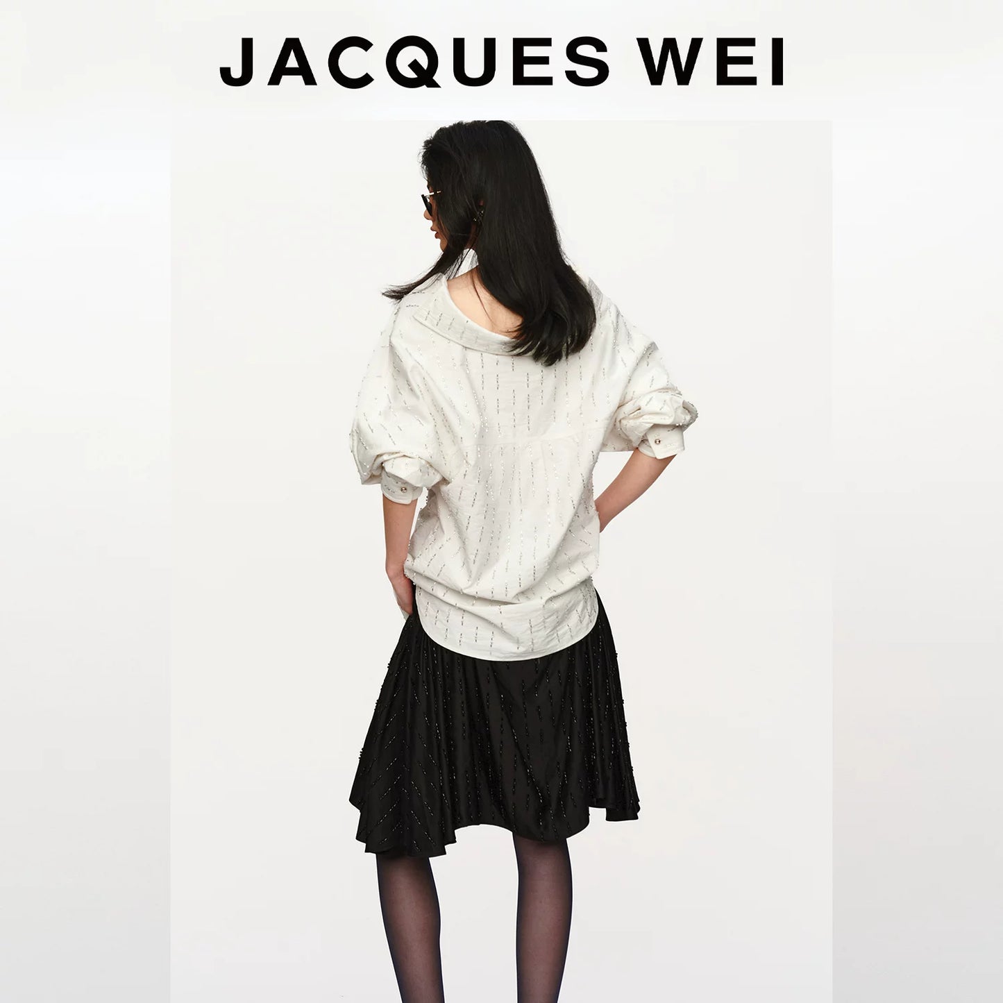 White Beaded Floral-Button Drop-Shoulder Shirt
