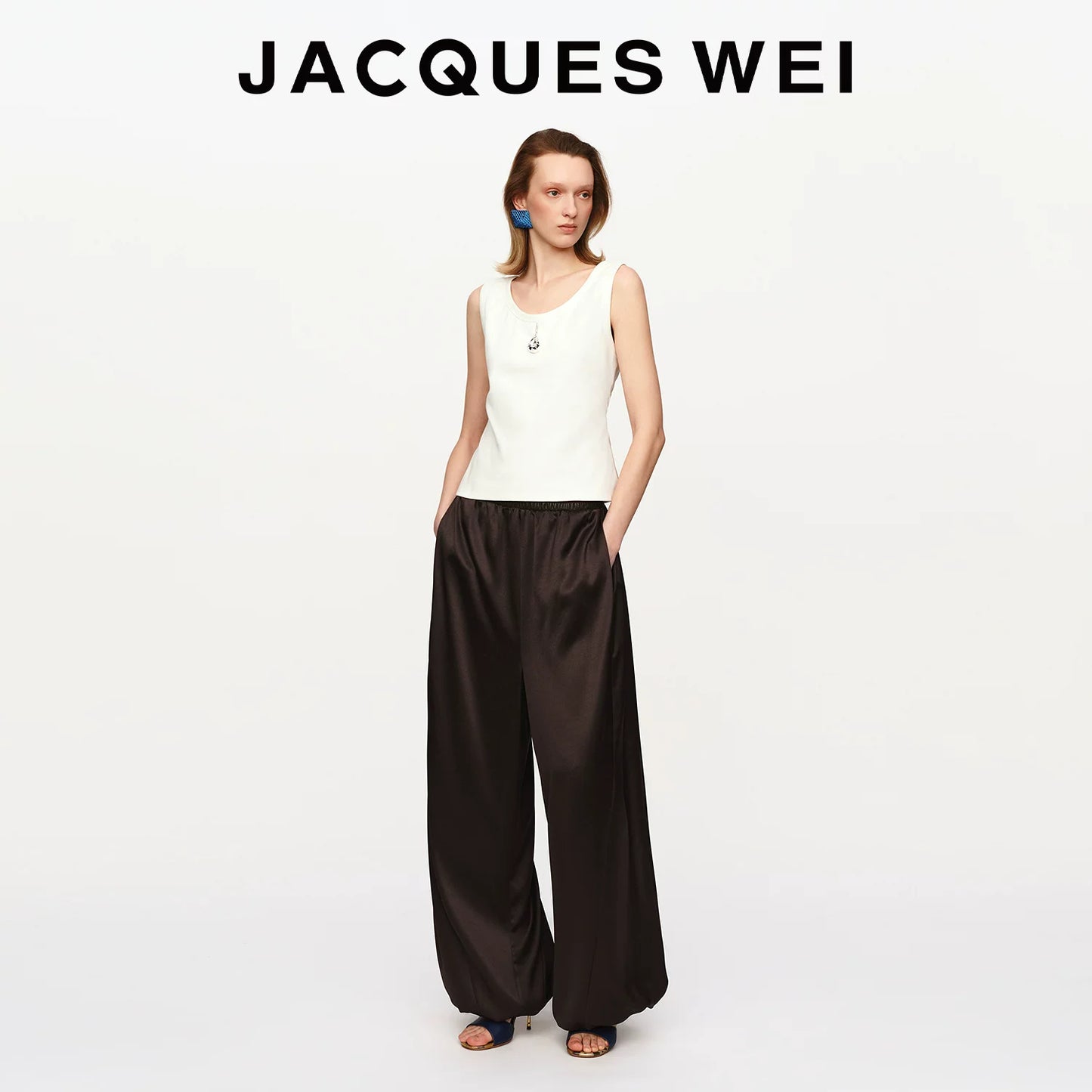 Leather Panel Drawstring Silk Trousers