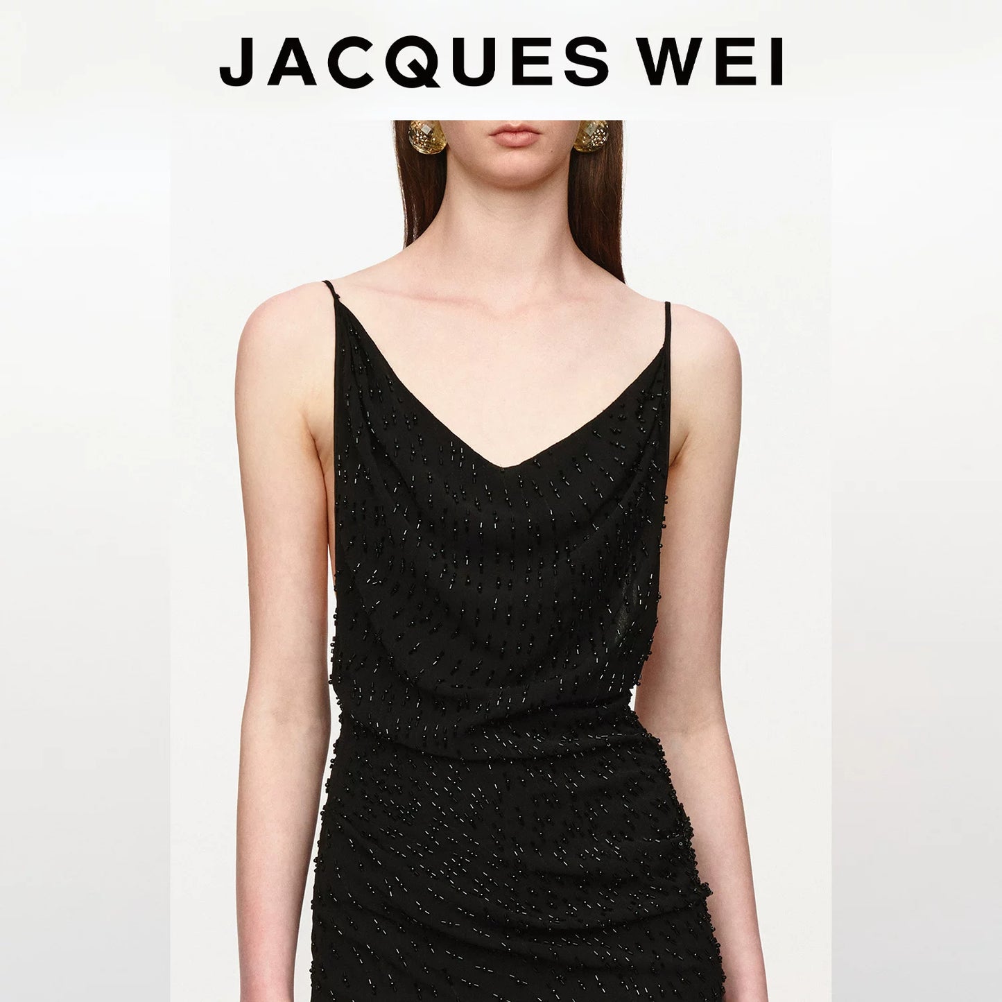 Black Beaded Draped Halter Dress