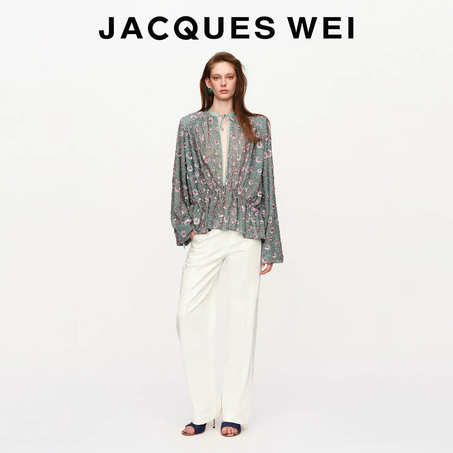 Aqua Green Sequin-Embroidered V-Neck Belted Shirt